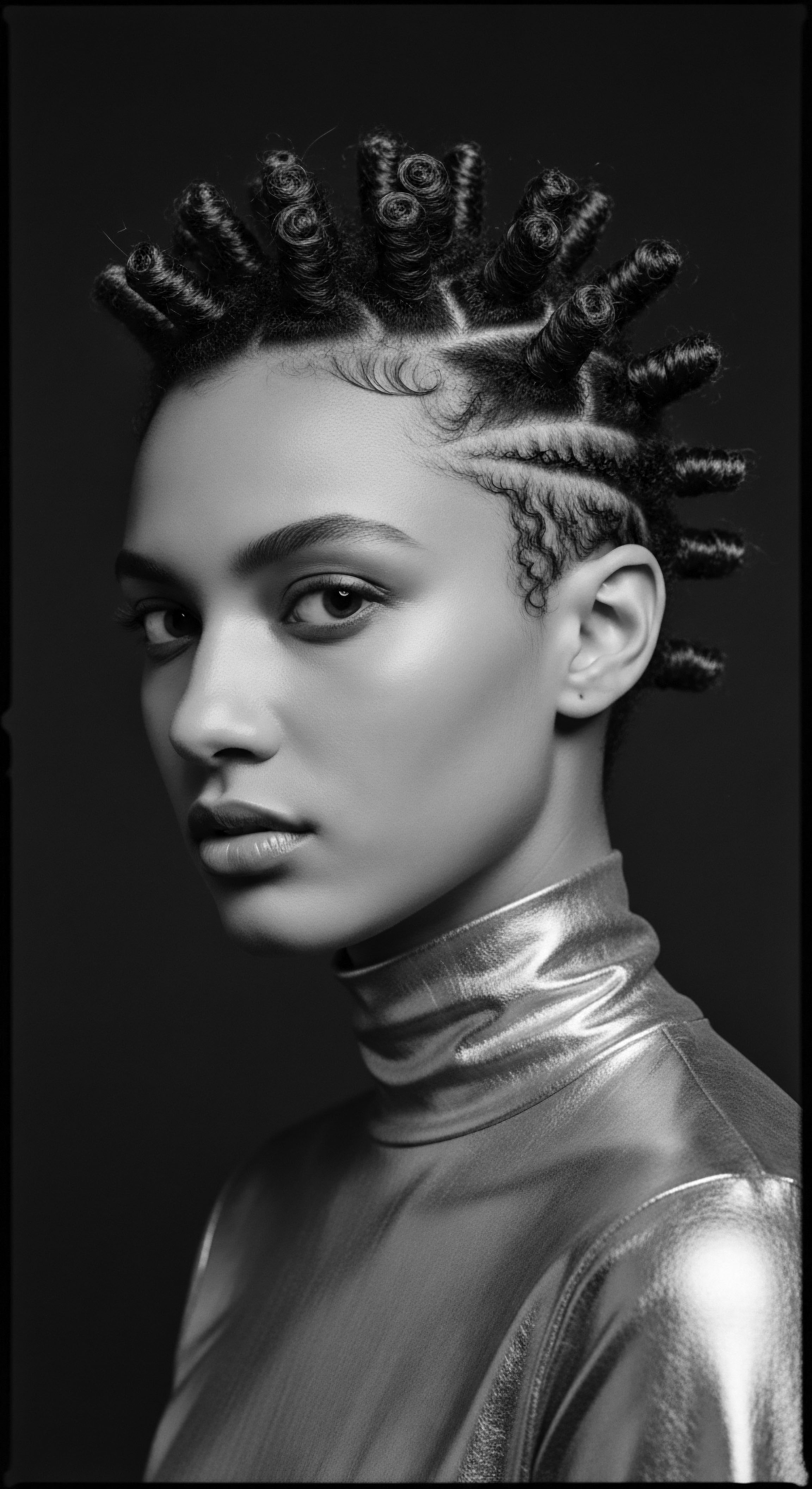 The monochrome visual highlights the interplay of light on metallic fabric and complex braided textures, resonating with themes of beauty in both heritage and innovation. Hairstyle honors Black cultural legacy, juxtaposed with modern fashion, fostering contemplative thoughts of identity and expressive art.