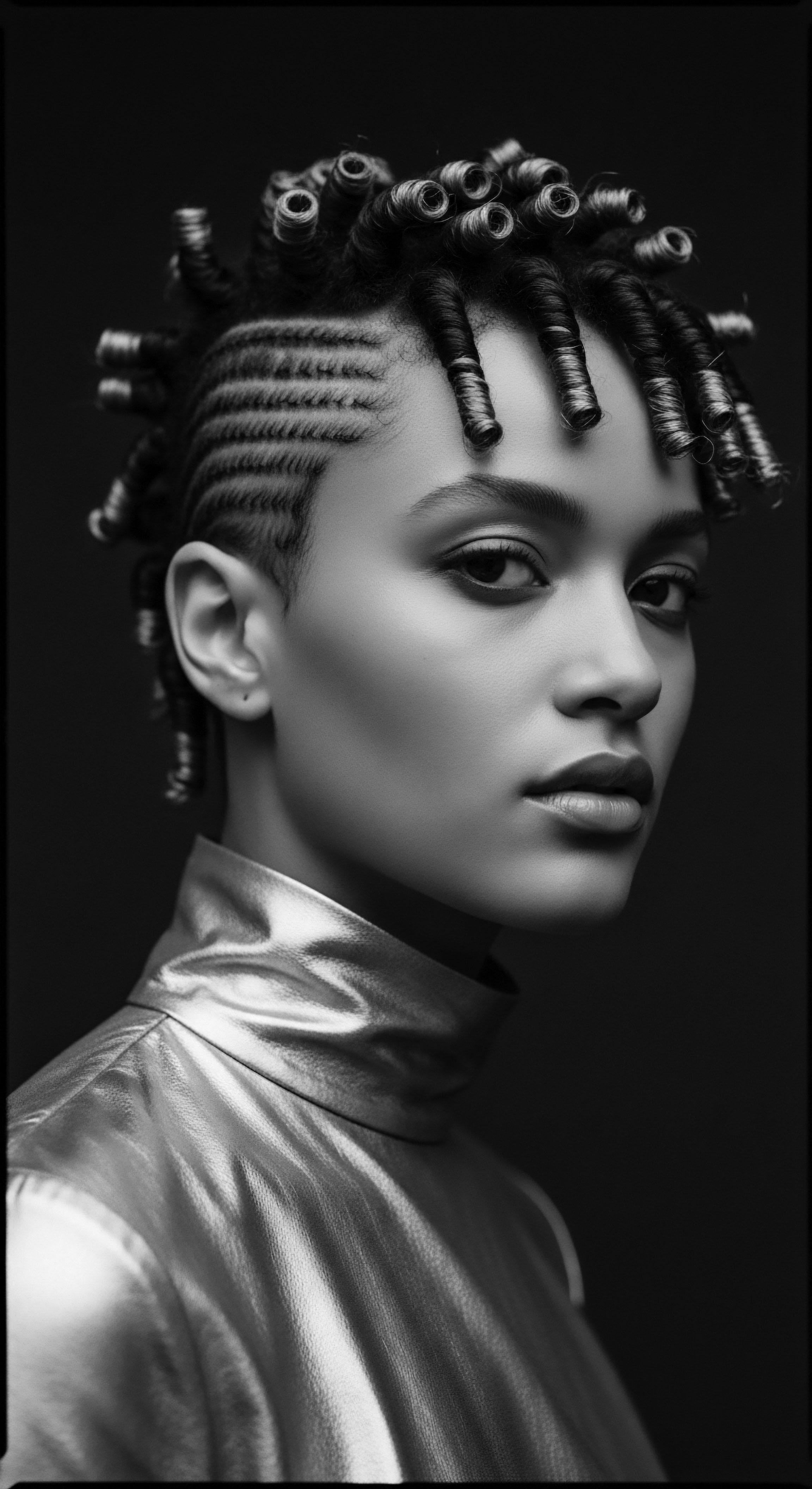 Monochrome Portrait of a Young Woman with Intricate Coiled Hairstyle and Bold Fashion This image captures the essence of beauty, showcasing a fusion of cultural hairstyle trends. Silver clothing choice adds a futuristic aesthetic, highlighting both the strength and individuality inherent in Black hair traditions. The portrait is a celebration of self-expression and the rich heritage woven into the art of hair design.