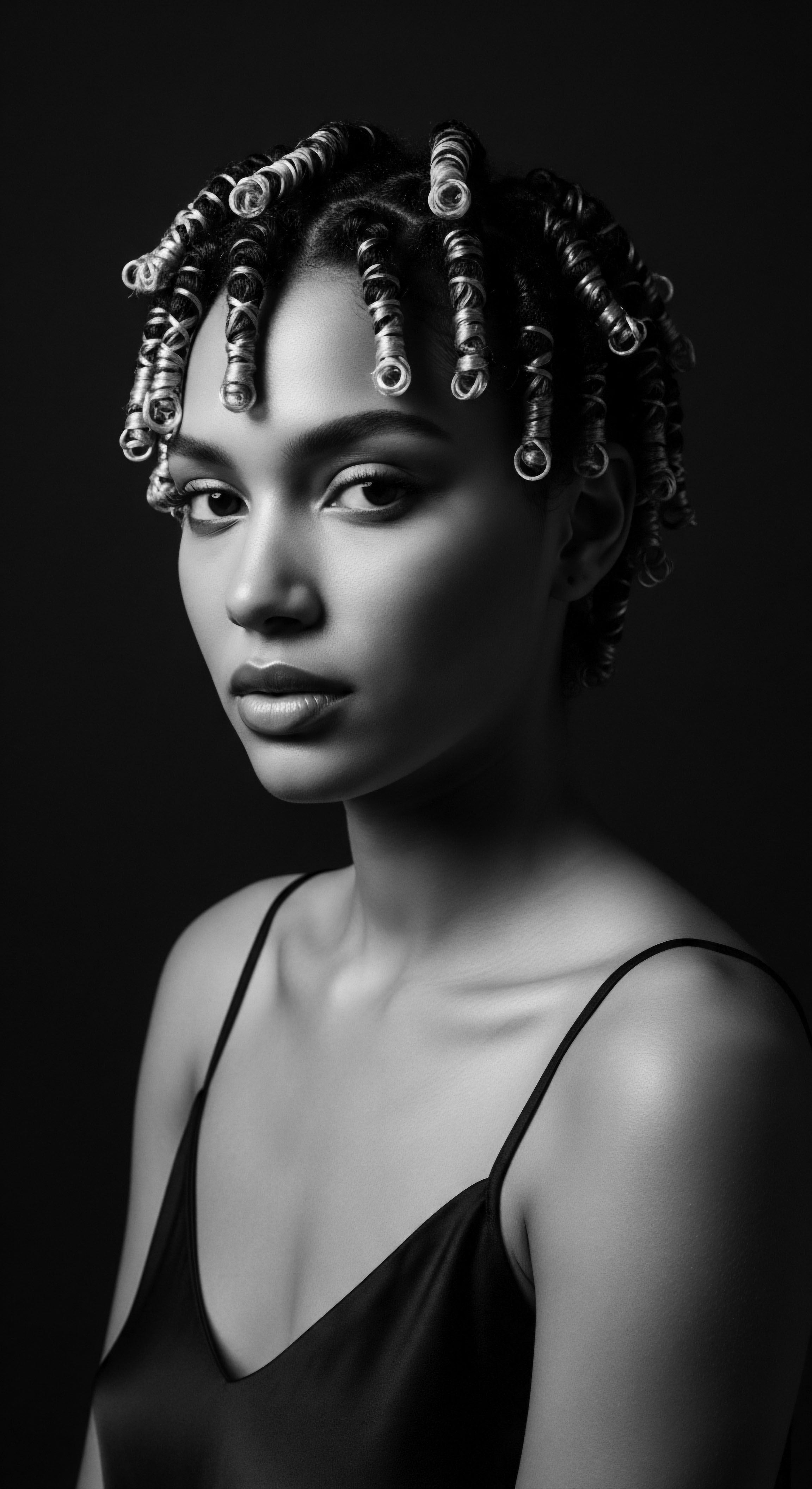 Monochrome Portrait of a Young Woman with Sculpted Coil Hair In this evocative monochrome portrait, the artful arrangement of coils against the model’s skin celebrates the heritage of expressive Black hairstyles. The image highlights textured hair's sculptural possibilities while inviting reflection on identity and self-expression through ancestral artistry.