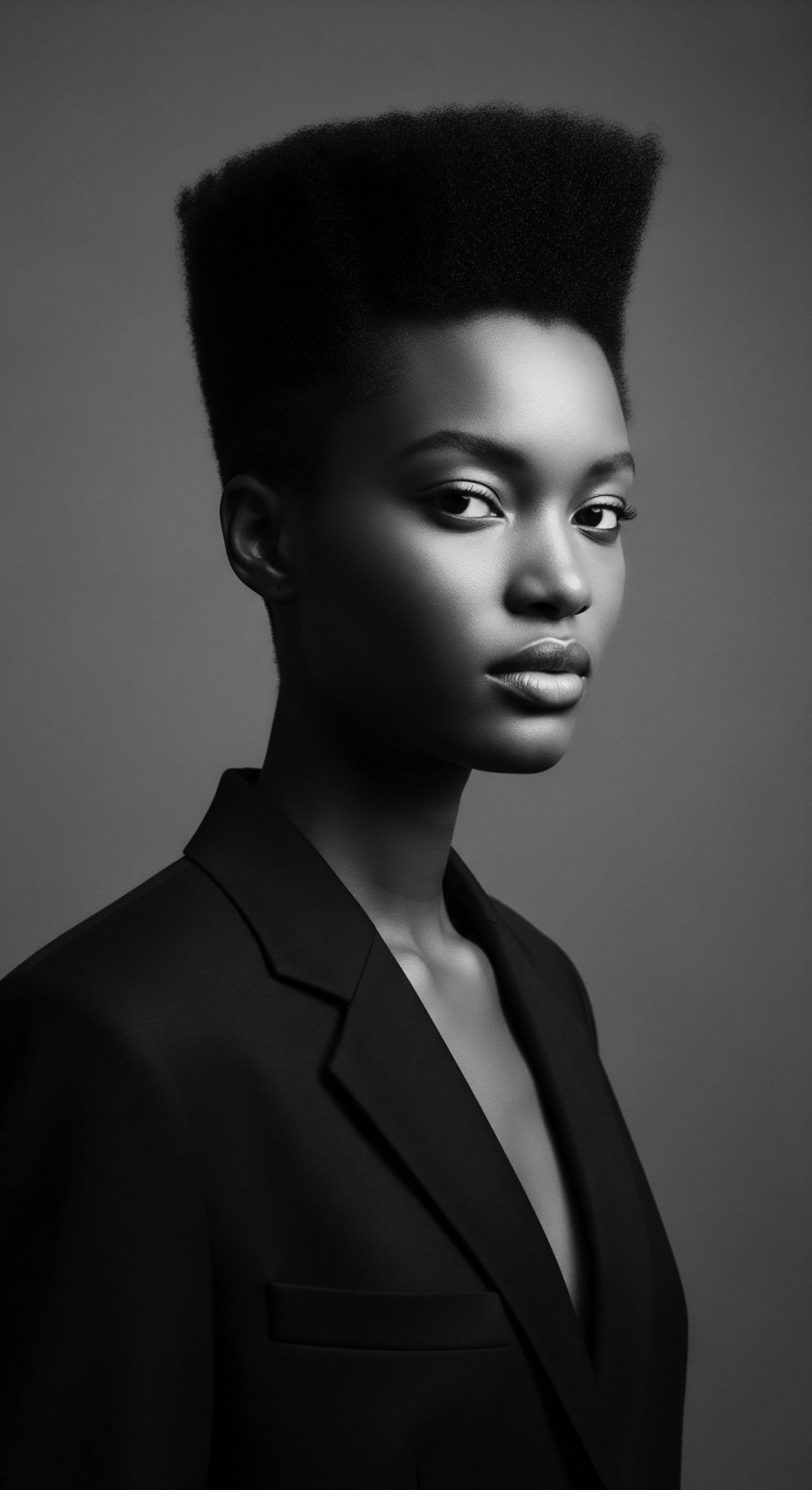 Monochrome Portrait of African American Woman with Natural Textured Hair Style This artful study in monochrome captures the essence of modern Black elegance, showcasing the woman's commanding presence and unique natural hair. Her sculptural afro and minimalist attire represent a celebration of heritage and individuality, while also embracing contemporary fashion and beauty standards of textured hair expressions.