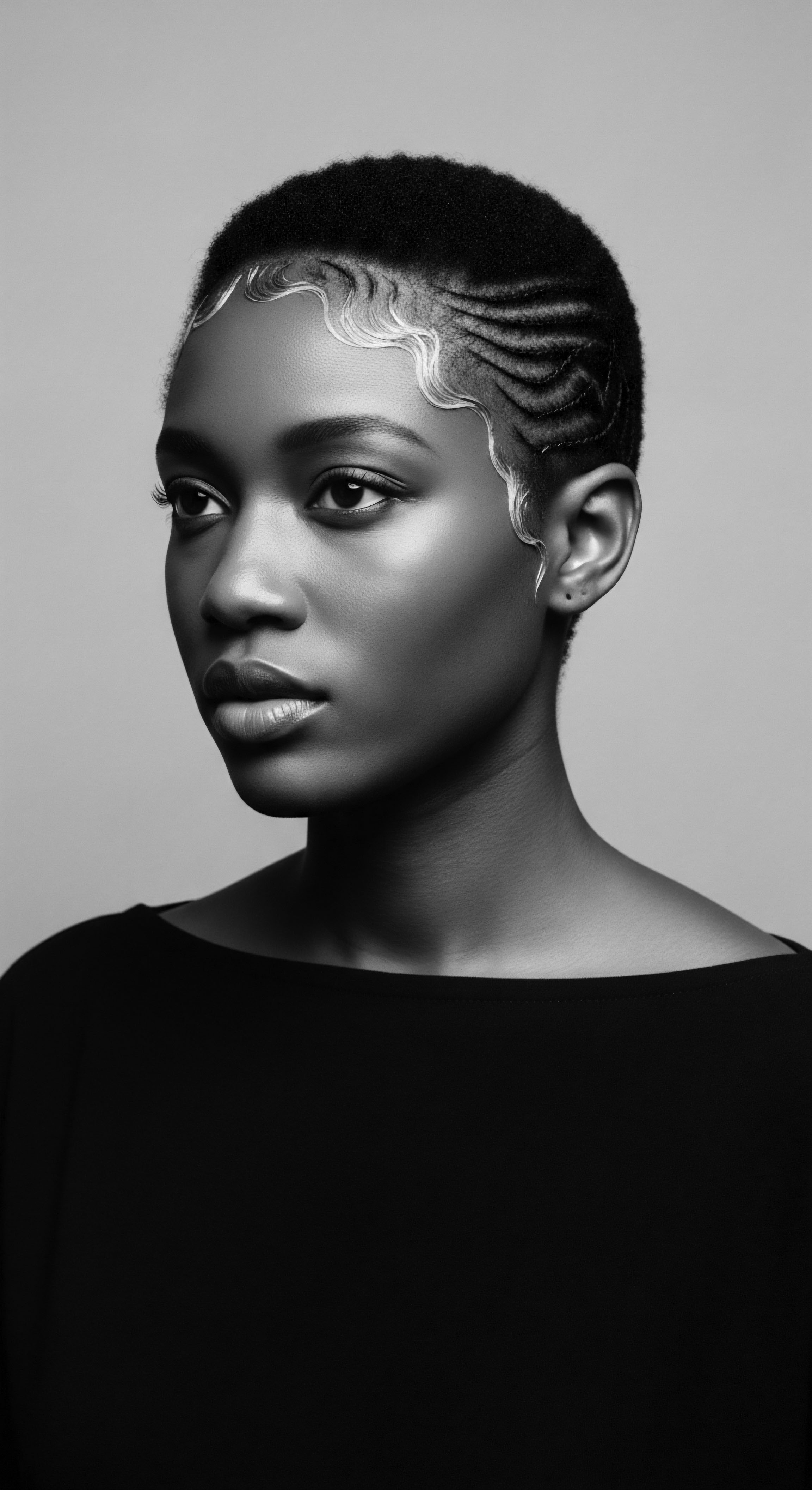 Monochrome Portrait of African Descent Woman with Undulating Short Styled Hair This monochromatic portrait celebrates African heritage and ancestral hair traditions, showcasing meticulously styled short natural hair with striking silver highlights. The image invites reflection on identity, expressive styling, and the holistic beauty found in textured hair formations.