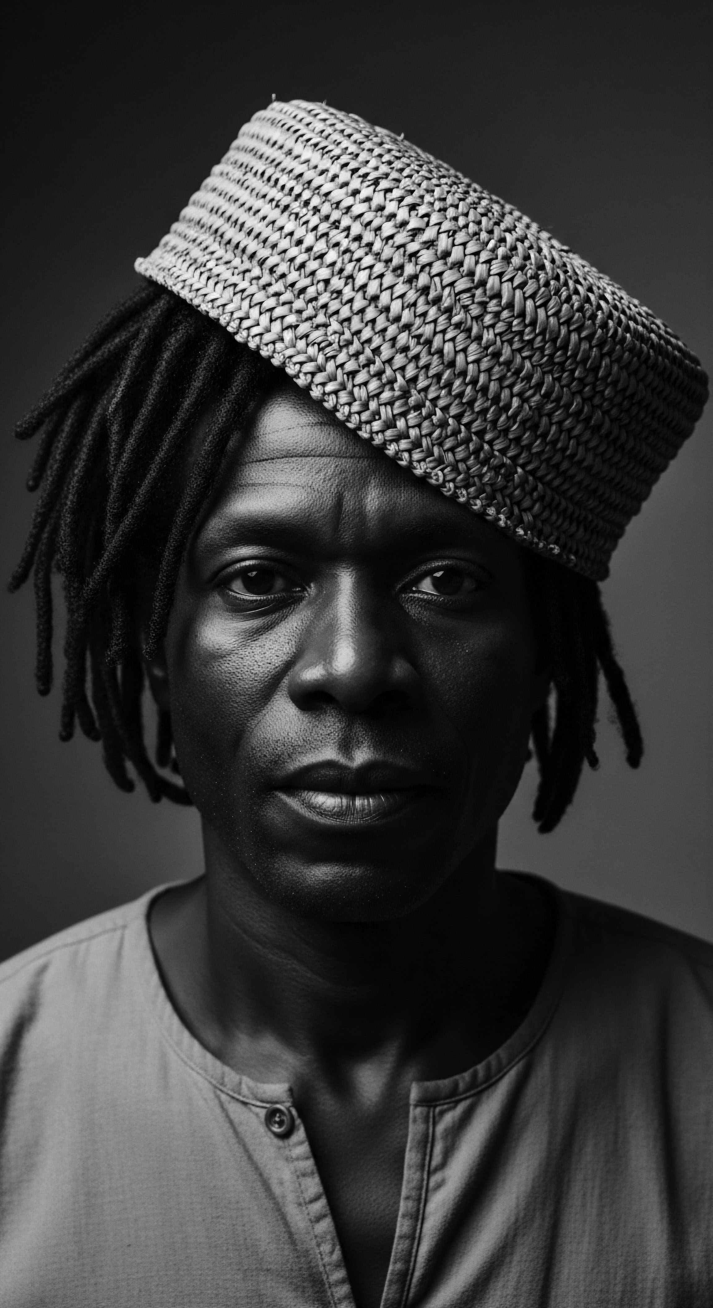 Monochrome Portrait of African Man Wearing Woven Hat with Coiled Hair The portrait captures the essence of heritage, presenting a man with coiled hair beneath a woven hat, his gaze a testament to resilience and cultural identity. Light and shadow articulate the richness of skin tone and the hat's tactile quality, invoking contemplation on tradition and personal narrative.
