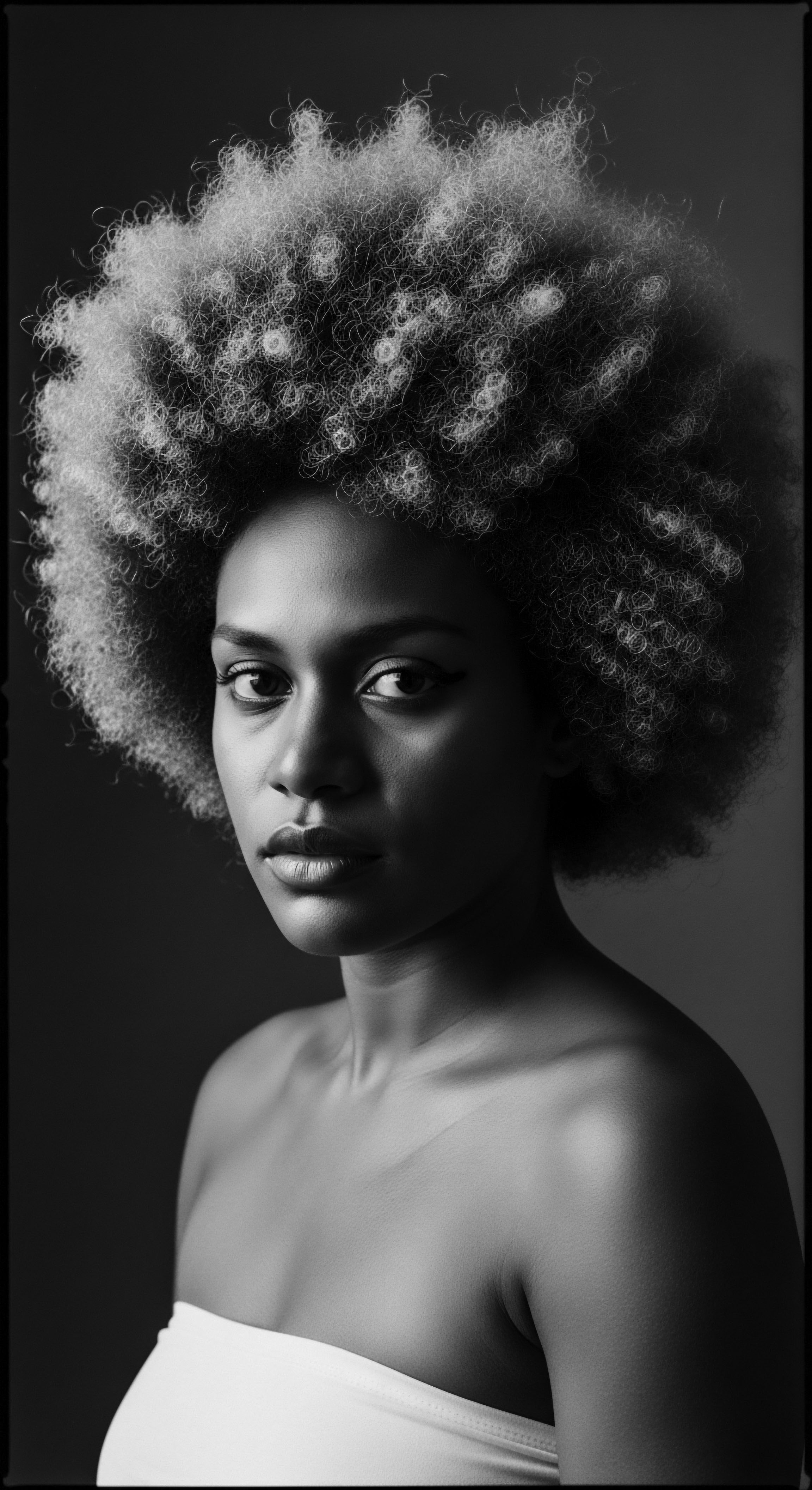Monochrome Portrait of an Elegant Woman with Bold Afro Hairstyle This elegant portrait captures the essence of natural afro beauty, reflecting a heritage of textured hair forms. The monochromatic tones enhance the visual texture of the hair's abundant volume and the woman's strong facial features, encapsulating the spirit of resilience and self-expression within black hair traditions.