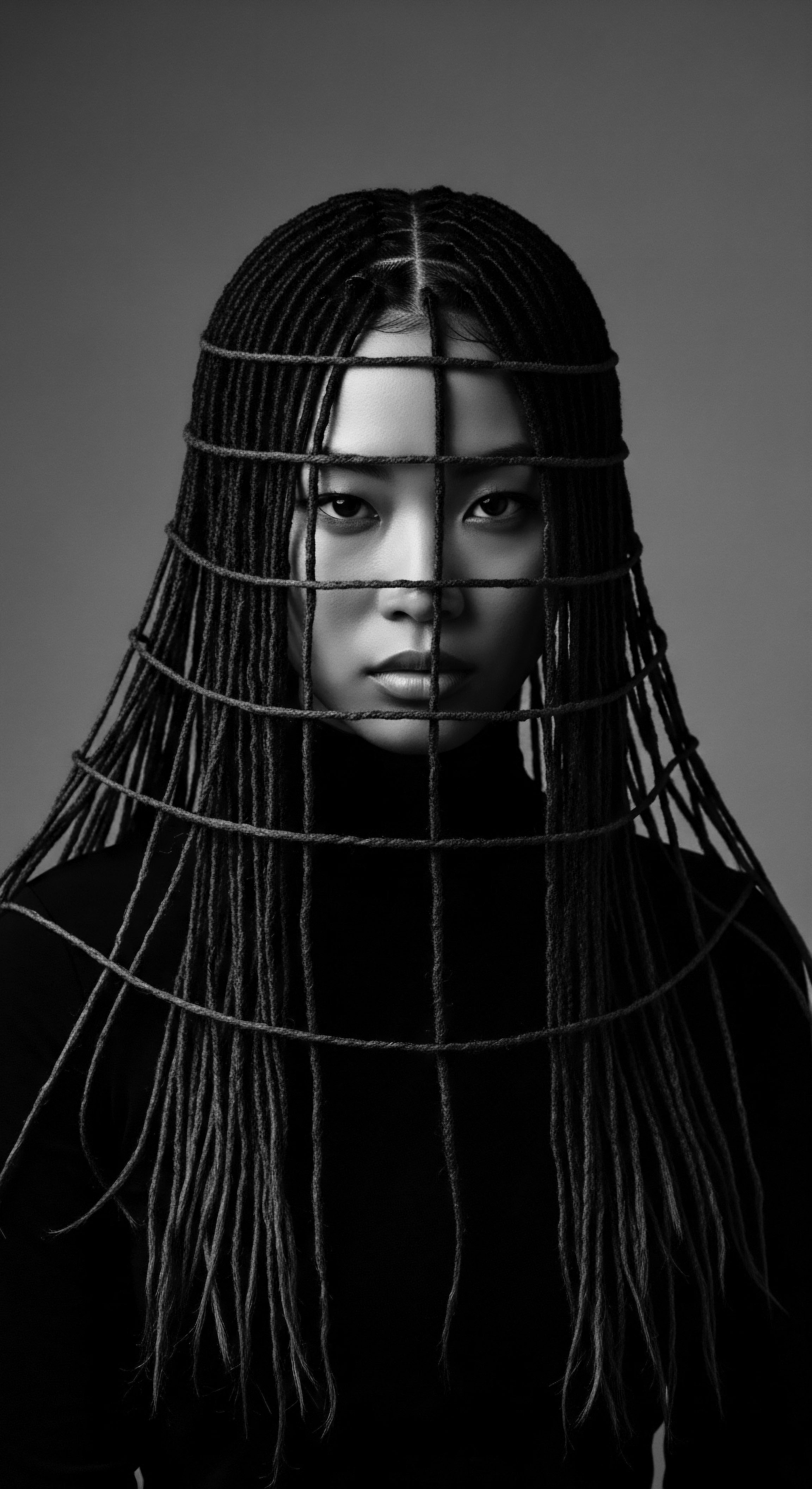 Monochrome Portrait of Asian Woman with Protective Braids and Geometric Framing This evocative portrait explores ancestral pride through protective styling, where the geometric framing underscores the intentional artistry embedded in braided expressions. It is a powerful visual meditation on the interwoven narratives of identity, cultural heritage, and the enduring beauty of textured hair traditions.