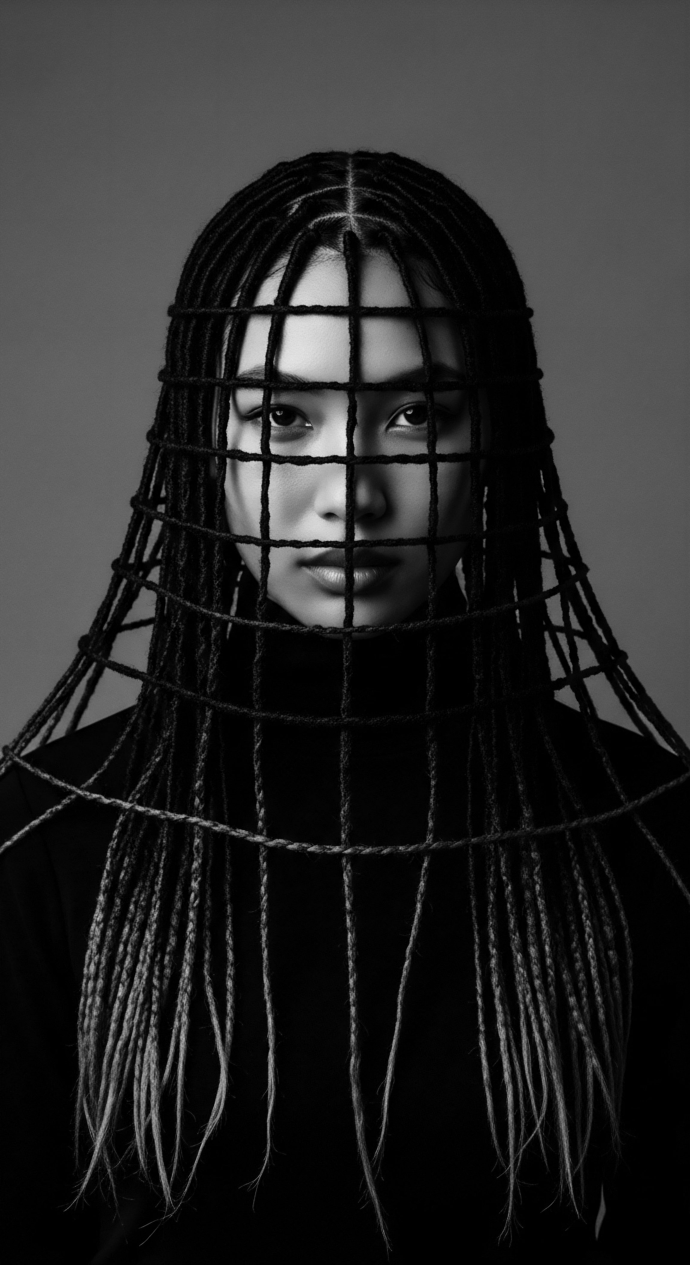 Monochrome Portrait of Asian Woman with Textured Braids and Artistic Cage This artistic black-and-white portrait elevates textured braidwork into a compelling expression of identity, as a woman's gaze meets ours through an artful cage of heritage, prompting reflection on ancestral roots and self-expression within the modern context of wellness and beauty.