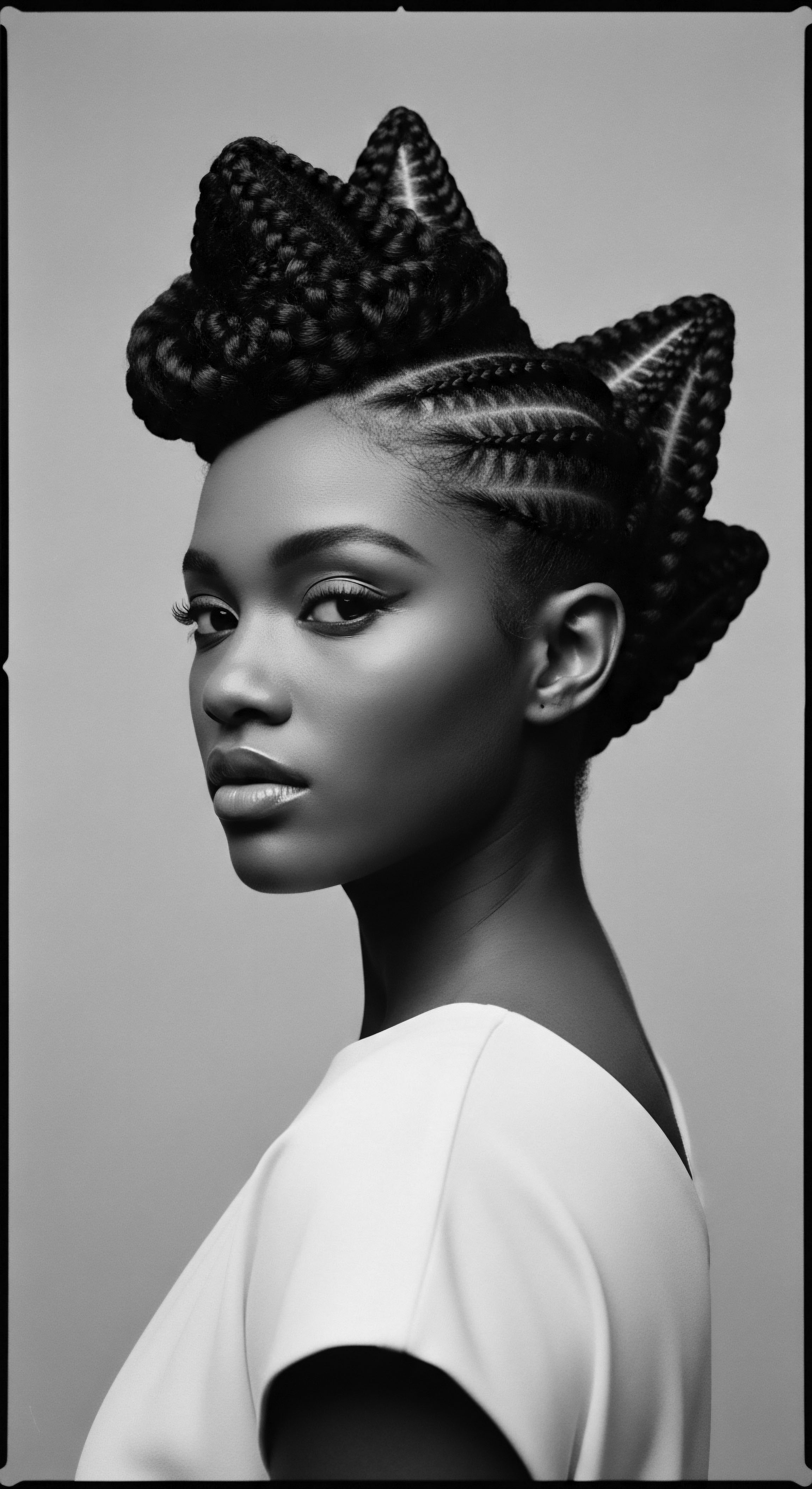 The dramatic interplay of light and shadow in this monochrome portrait enhances the structural beauty of the braided crown hairstyle, paying homage to the timeless artistry within Black hair traditions and the enduring expression of identity and holistic hair care.