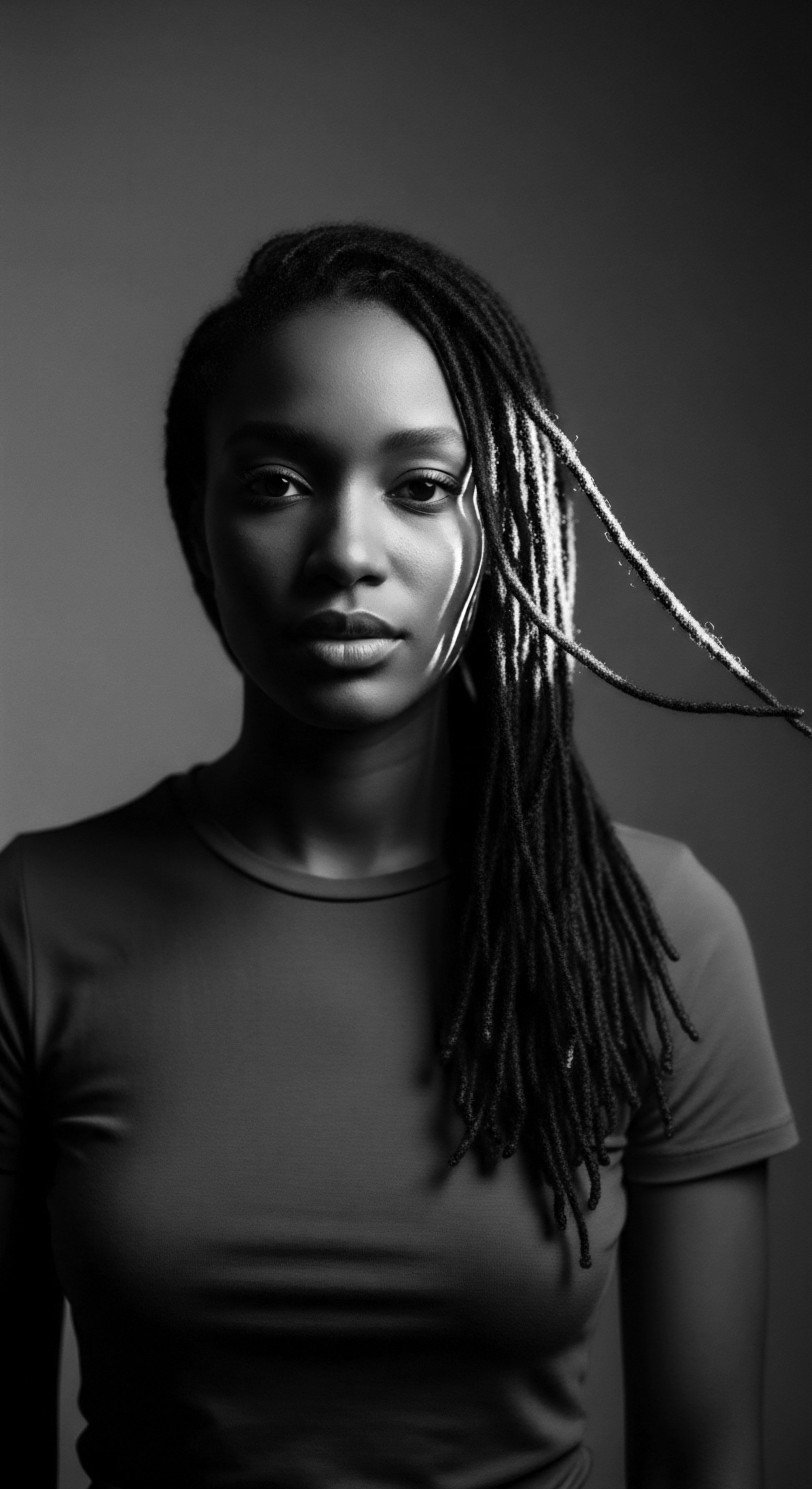 Monochrome Portrait of Black Woman with Locs and Light Play The portrait, marked by deep monochrome contrast, captures the Black woman in locs, radiating confidence. This artistic portrayal signifies the strength found in Black hair traditions and self-expression, reflecting a profound connection to ancestral pride and holistic identity with beauty.