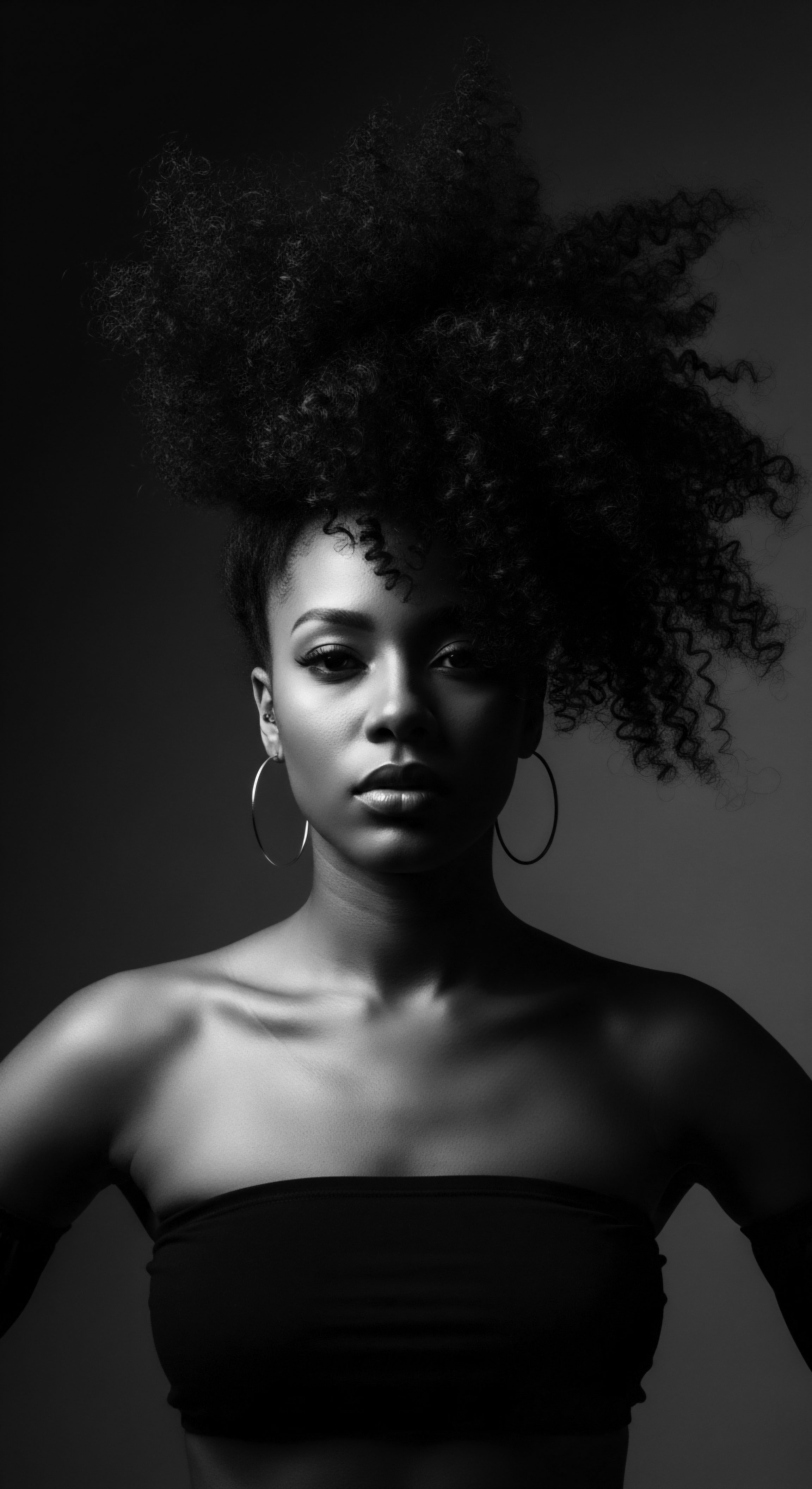Celebrating the beauty and versatility of natural Black hair, this portrait highlights the intricate texture of her coiled updo, a testament to expressive styling and ancestral heritage. The interplay of light and shadow creates a dramatic effect, emphasizing the strength and grace inherent in her presence.