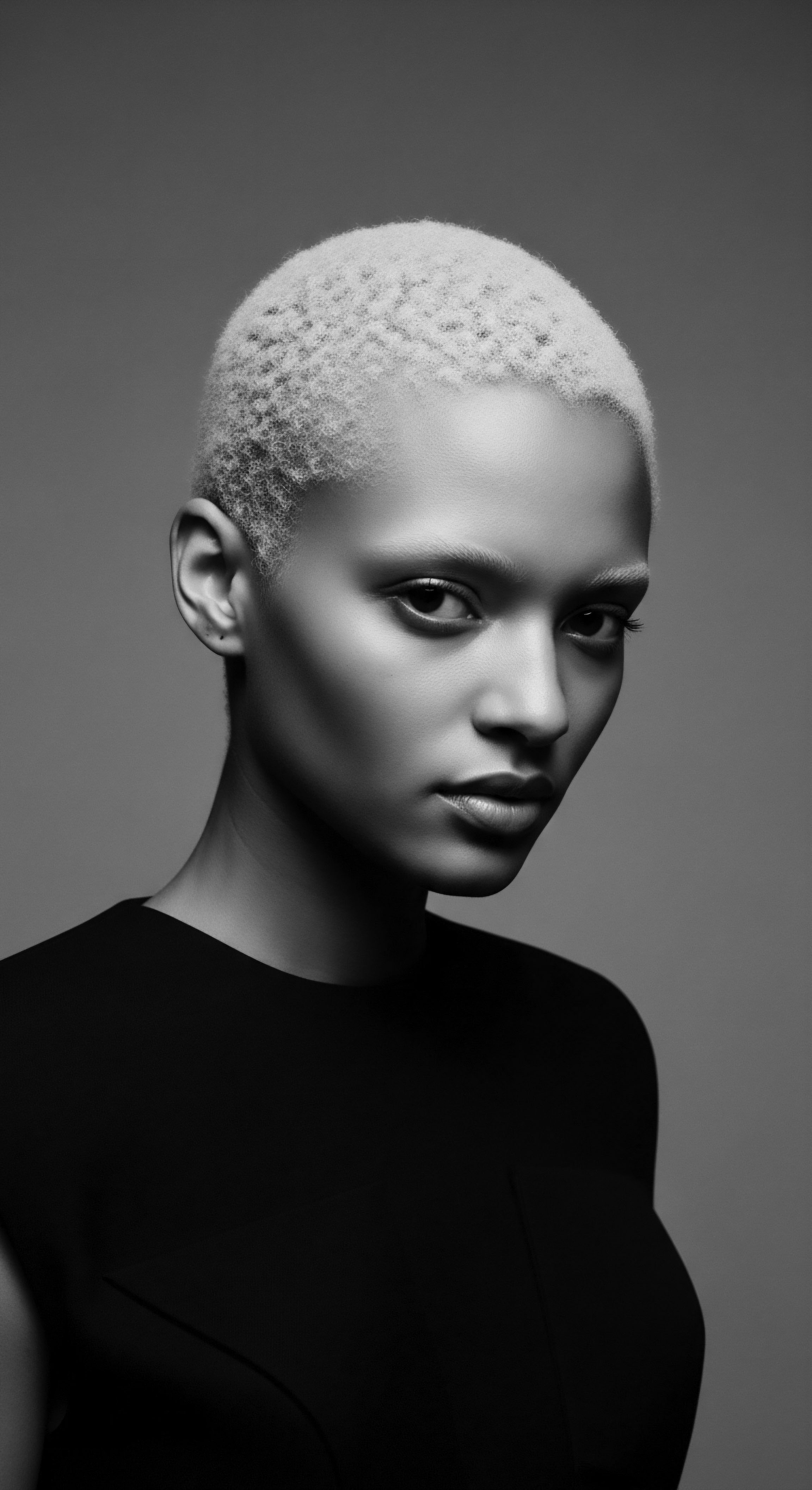 Monochrome Portrait of Black Woman with Platinum Blonde Coiled Short Hair This monochrome portrait honors the beauty of Black women through a lens of strength and artistic choice, reflecting individual style within rich cultural narratives. The platinum coiled hairstyle celebrates self expression and unique pattern, connecting modern aesthetics with historical roots.