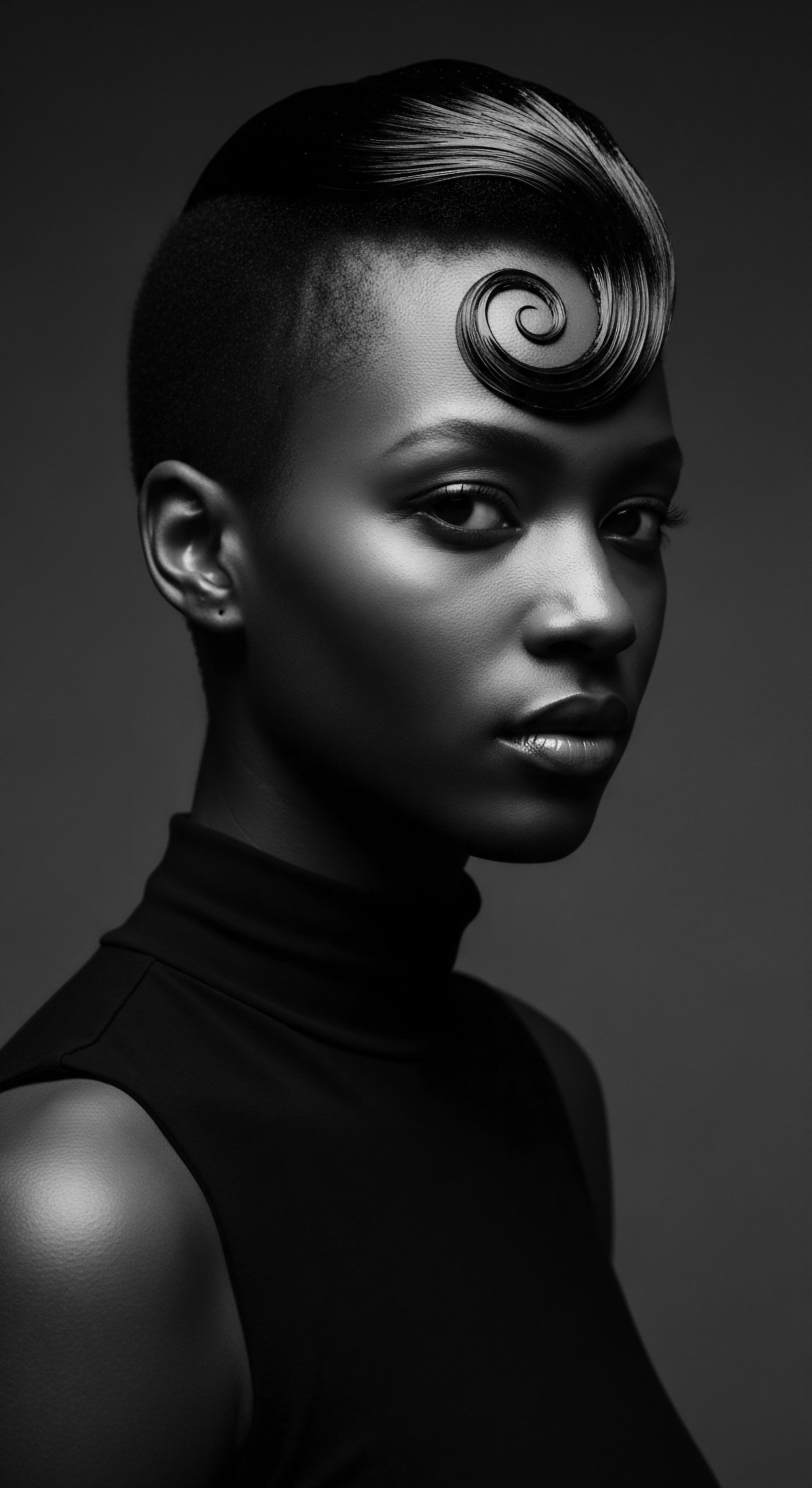 Monochrome Portrait of Black Woman with Sculpted Natural Hair Hairstyle The portrait evokes timeless beauty with a nod to heritage, showcasing a modern afro futurist style. Sculpted texture emphasizes the woman’s features, celebrating ancestral traditions and a contemporary aesthetic of wellness, artistry, and Black hair as a form of powerful self-expression.