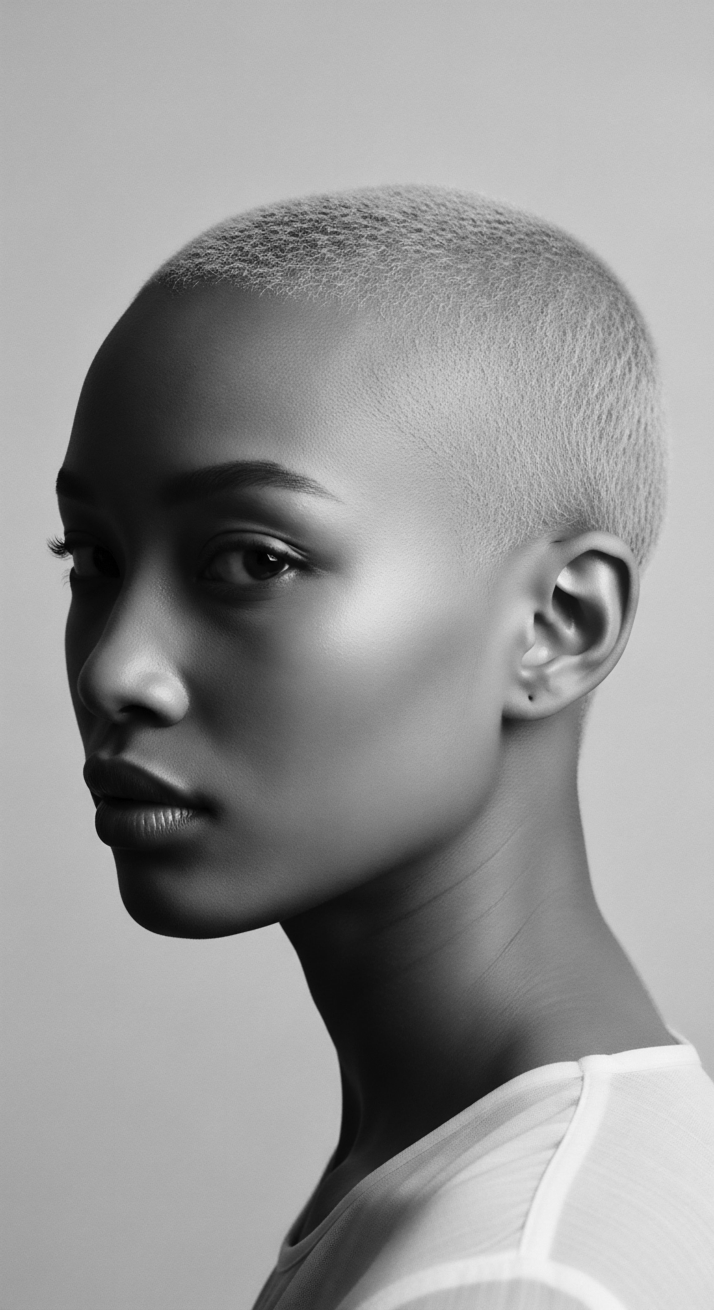 Monochrome Portrait of Black Woman with Shaved Head and Elegant Pose Captured in monochrome, the portrait celebrates the beauty of a woman’s closely shaven head, a bold statement embracing minimalist aesthetic and self-assured identity. The artistry of light and shadow adds depth and emotion, honoring modern elegance in textured hair traditions.