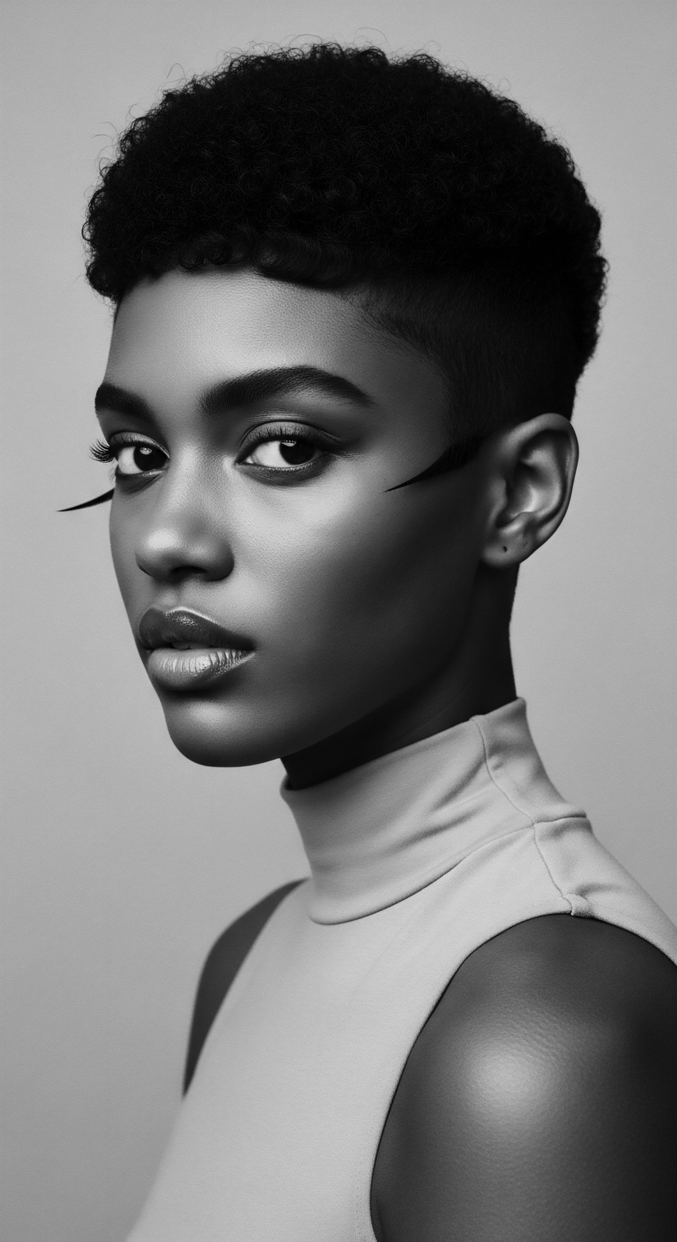 Monochrome Portrait of Elegant Black Woman with Artistically Styled Textured Hair The portrait captures a study in contrasts, celebrating the beauty of structured lines and the inherent texture of tightly coiled hair. It evokes a sense of timeless elegance while showcasing the contemporary styling possibilities within Black hair narratives, highlighting identity and ancestral heritage.