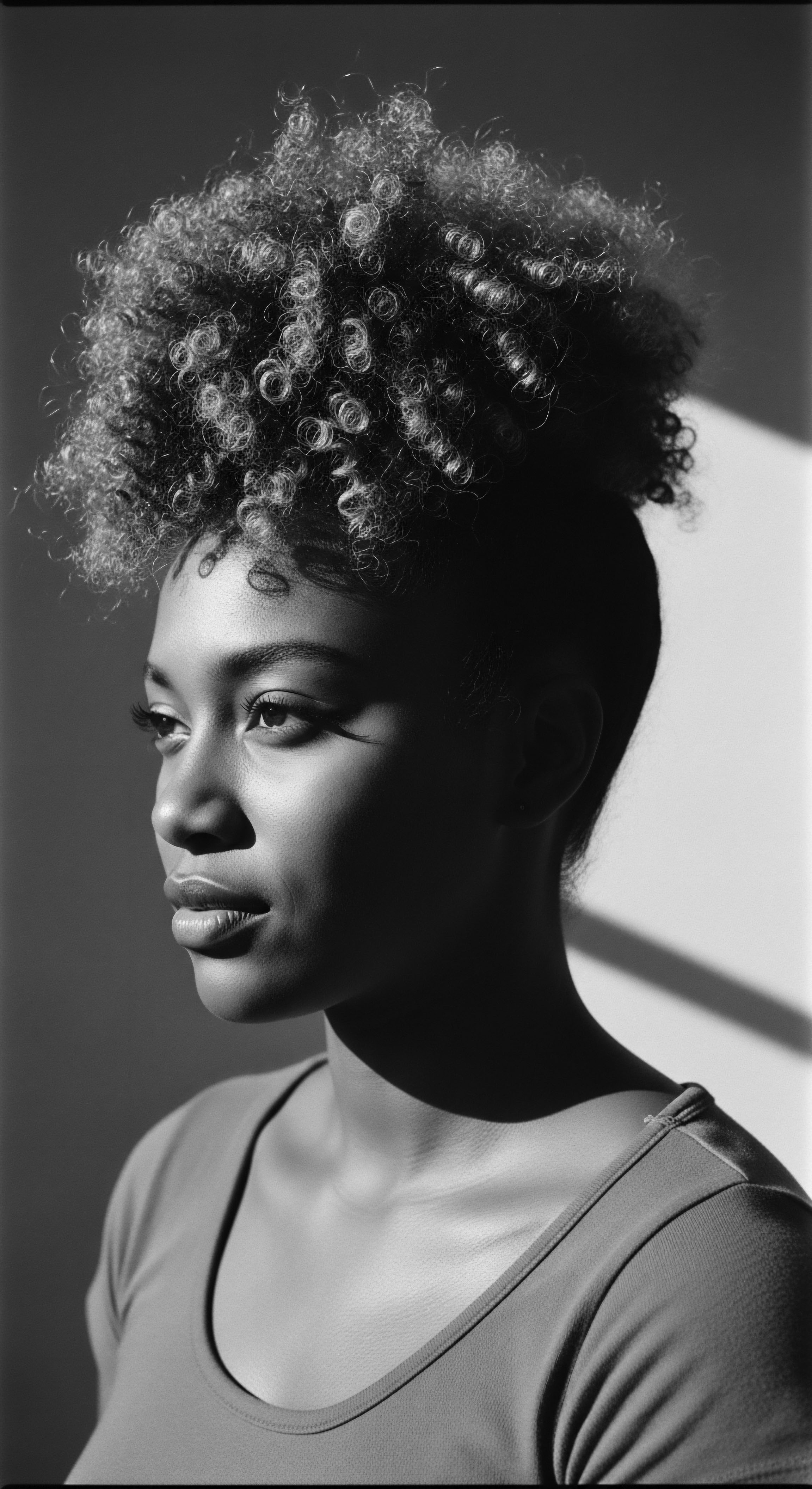 Monochrome Portrait of Elegant Black Woman with Coiled Afro Hairstyle Striking in monochrome, the woman's elegant presentation and upward styled coiled afro embodies both inner strength and a deliberate embrace of ancestral textures, reflecting a holistic approach to textured hair care that celebrates the beauty of Black hair traditions and modern expression.