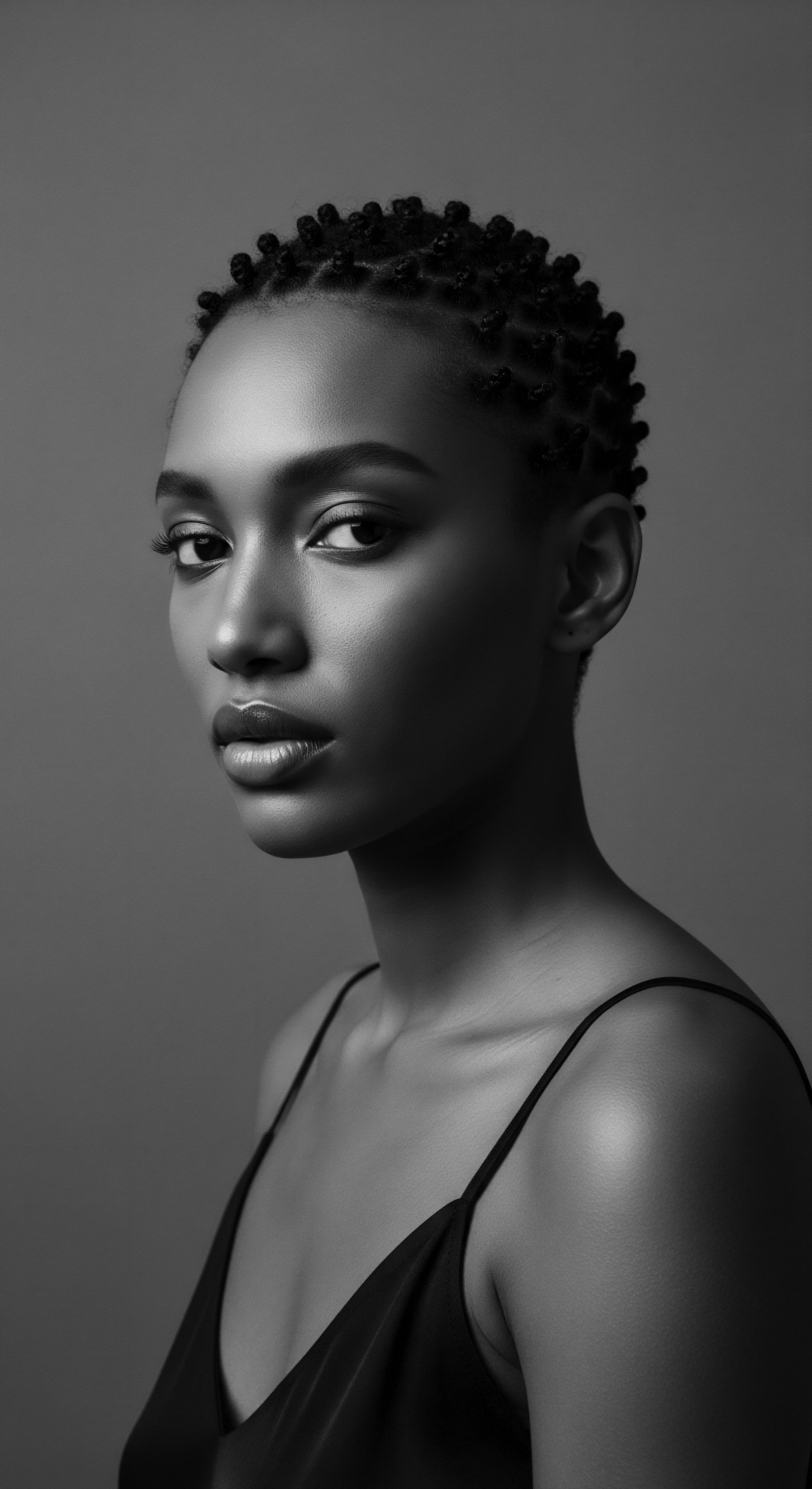 Monochrome Portrait of Elegant Black Woman with Coiled Natural Hair The monochrome image evokes timeless beauty, showcasing the intricate coiled hair style and radiant skin. This portrait emphasizes the richness of Black hair traditions, promoting natural hair expression and holistic hair wellness. This artistry conveys an aesthetic that respects ancestral heritage with expressive styling.
