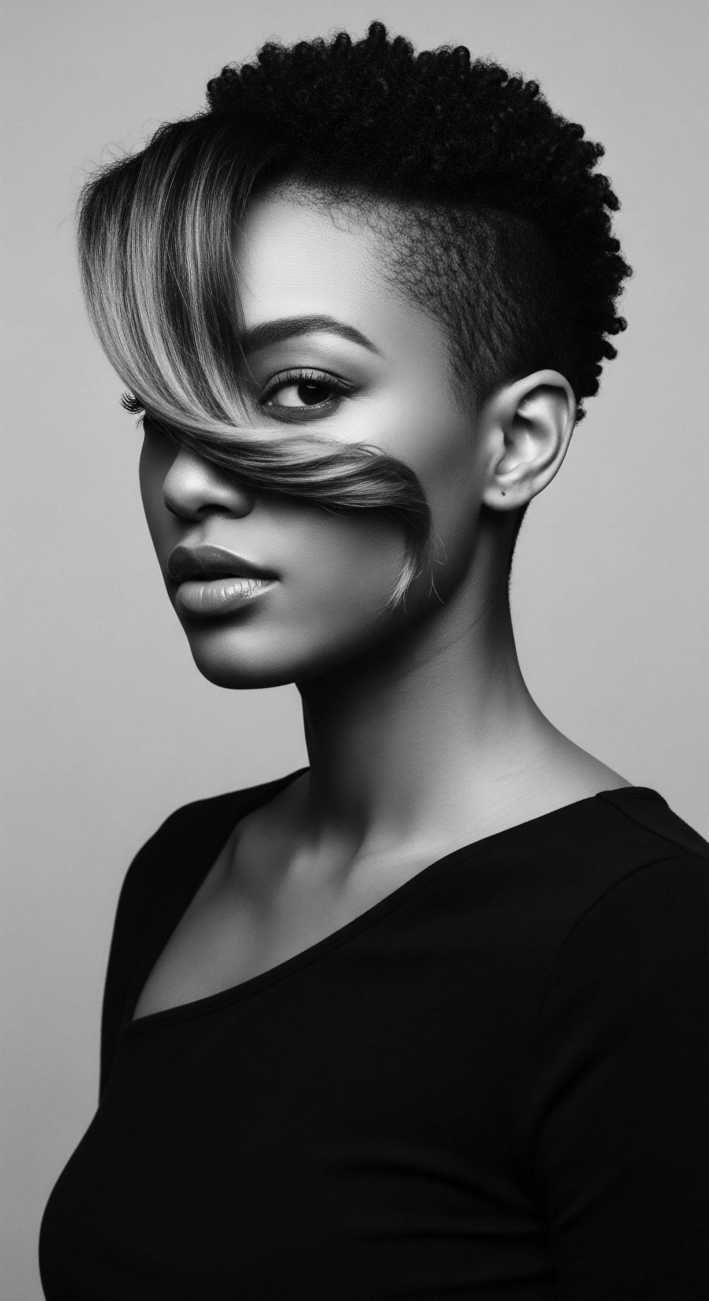 This monochrome portrait celebrates the diversity and beauty of textured hair, combining a bold undercut with flowing waves in a contemporary design. It evokes a sense of empowerment and confidence while honoring ancestral heritage through expressive hairstyling.