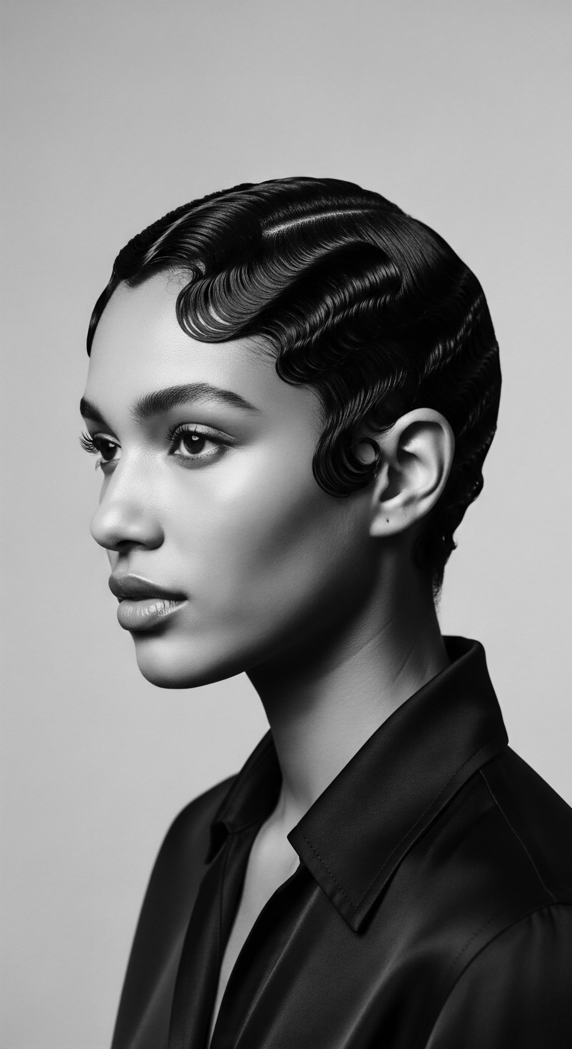 Monochrome Portrait of Elegant Woman Showcasing Art Deco Finger Waves Hairstyle This black and white portrait immortalizes a refined beauty, celebrating textured hair versatility with perfectly sculpted finger waves. The vintage-inspired coiffure exemplifies an enduring sophistication, highlighting the artistry and cultural significance of expressive styling through distinctive ancestral heritage.