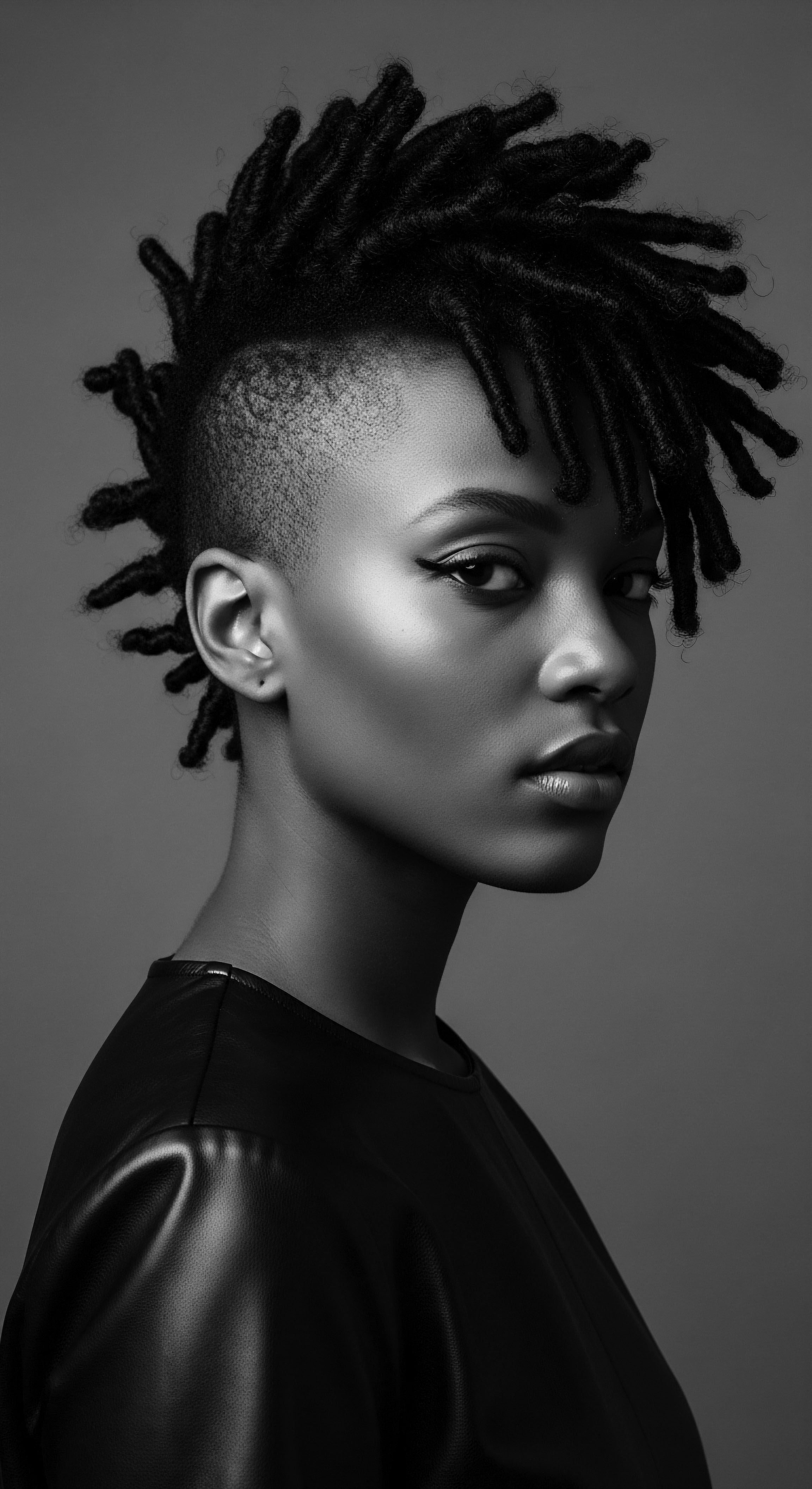 This intimate portrait highlights the beauty of intentional textured hair design, where sculpted locs meet modern, minimalist style. The striking contrast between shaved sides and defined face emphasizes self-expression, making a compelling statement about identity, heritage, and the enduring significance of hair.