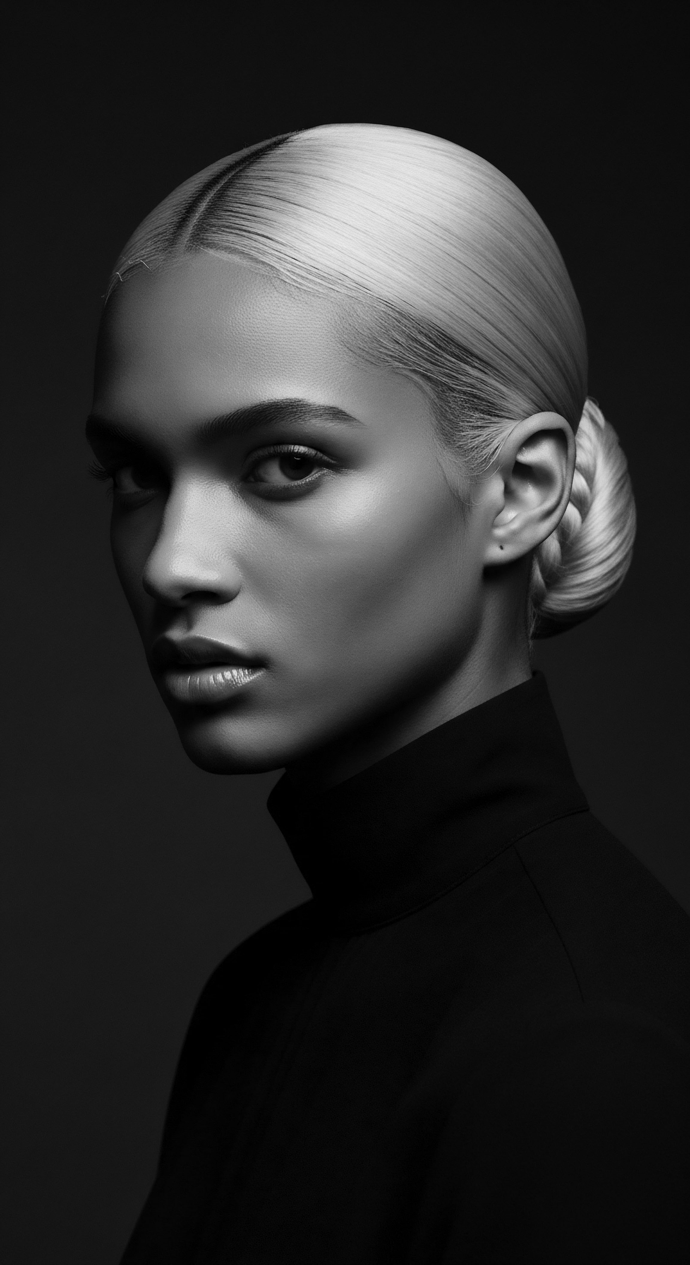 Monochrome Portrait of Elegant Woman With Platinum Blonde Textured Hair Bun This evocative portrait emphasizes the beauty of carefully styled platinum blonde coils, secured in a refined bun, as well as a poised facial expression the high contrast and artful lighting create an elegant, contemplative mood, speaking volumes about heritage and expressive styling.