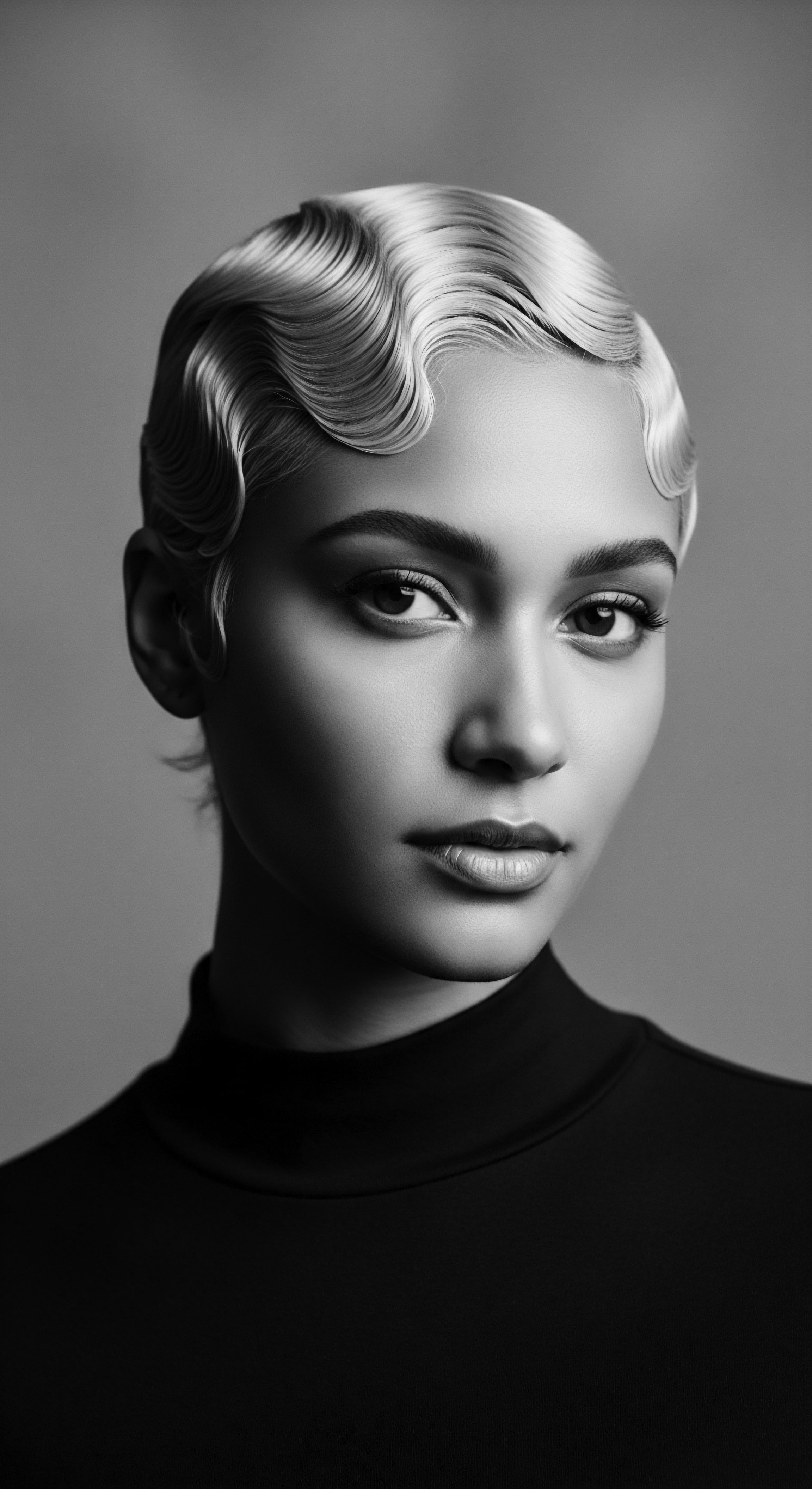 A striking black and white portrait reveals a woman with immaculately styled finger waves, showcasing the artistry of vintage hairstyling. The image captures the detailed undulations of her hair, juxtaposed against the smooth texture of her skin. She wears a sleek, dark turtleneck.