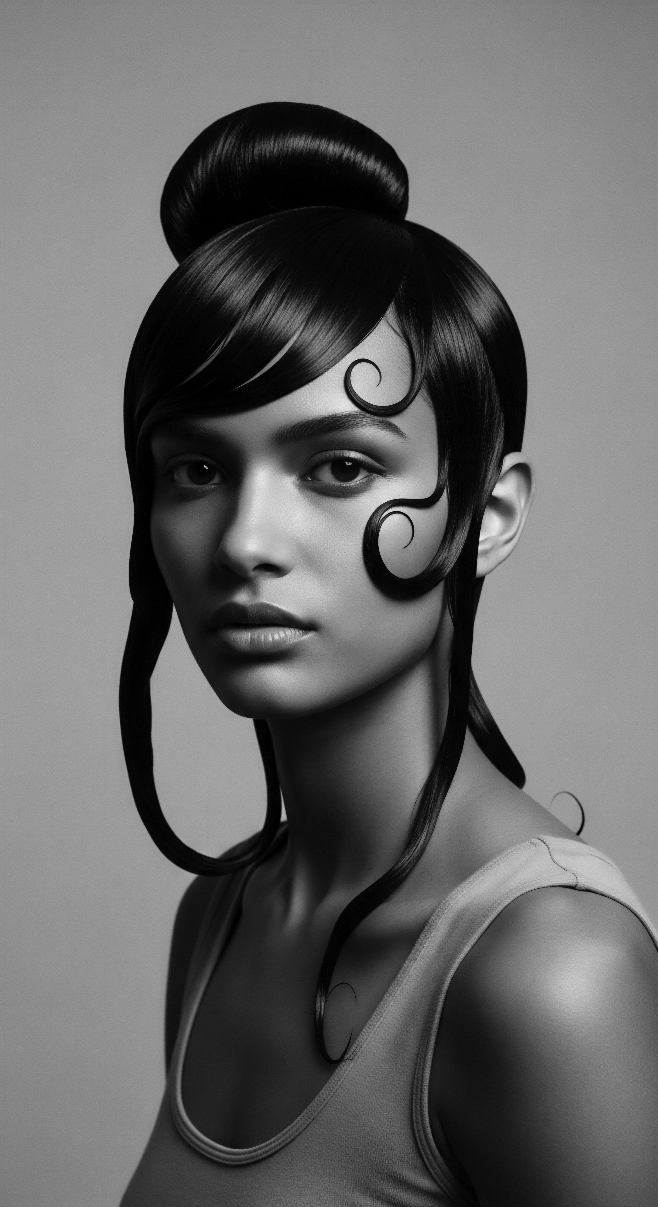 This evocative portrait celebrates the artistry of Afro-textured hair, showcasing an elegant sculptural bun hairstyle. The dramatic monochrome rendering highlights the contours and precision of the styling, emphasizing cultural pride, personal expression, and ancestral heritage through meticulously crafted hair formations.
