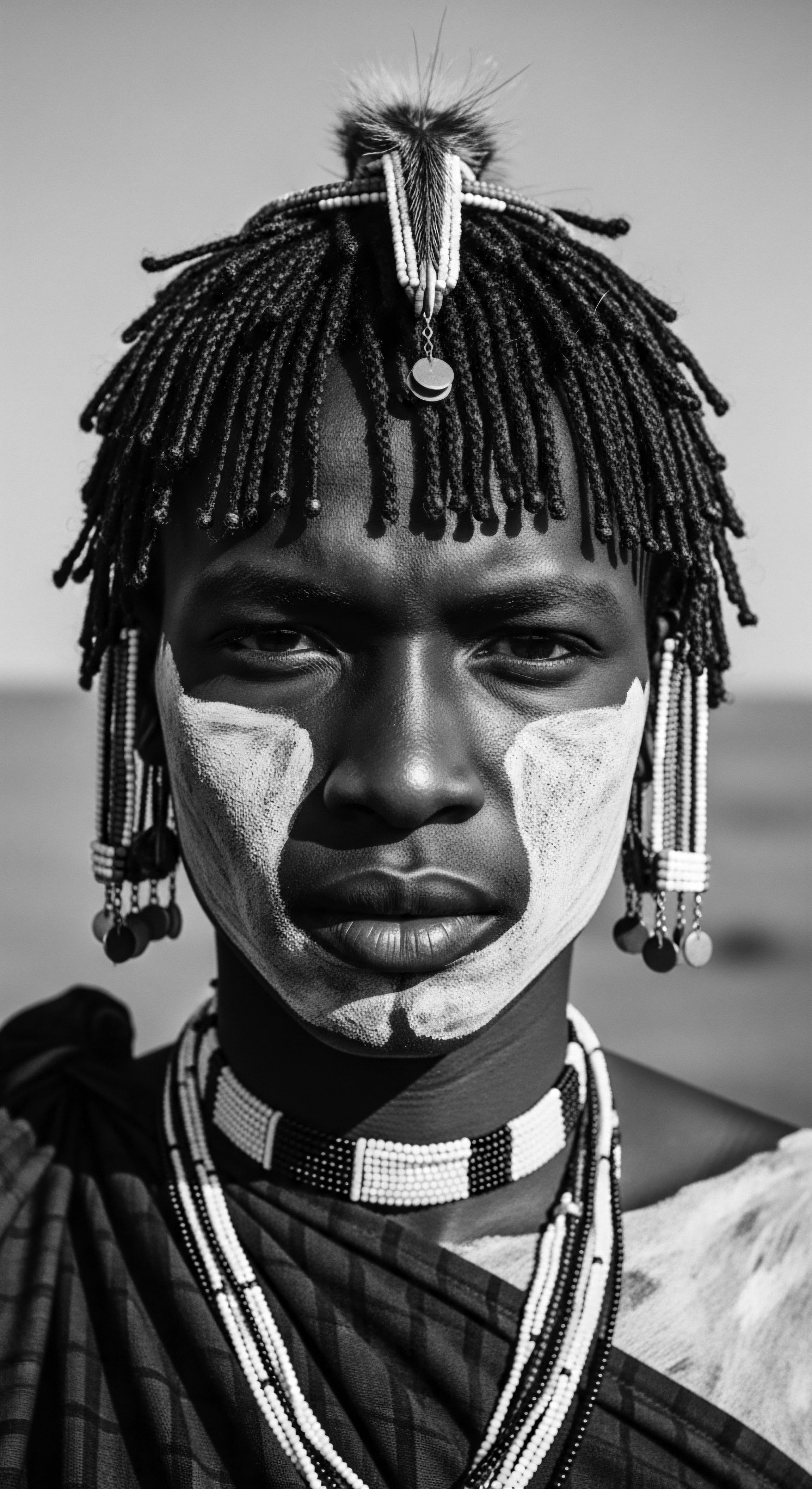 Monochrome Portrait of Maasai Man with Traditional Hairstyle and Face Paint The portrait's stark monochrome enhances the profound expression of cultural identity through traditional Maasai hair artistry and face adornment, a powerful visual statement of ancestral heritage and individual expression, woven intricately with threads of heritage and personal adornment.