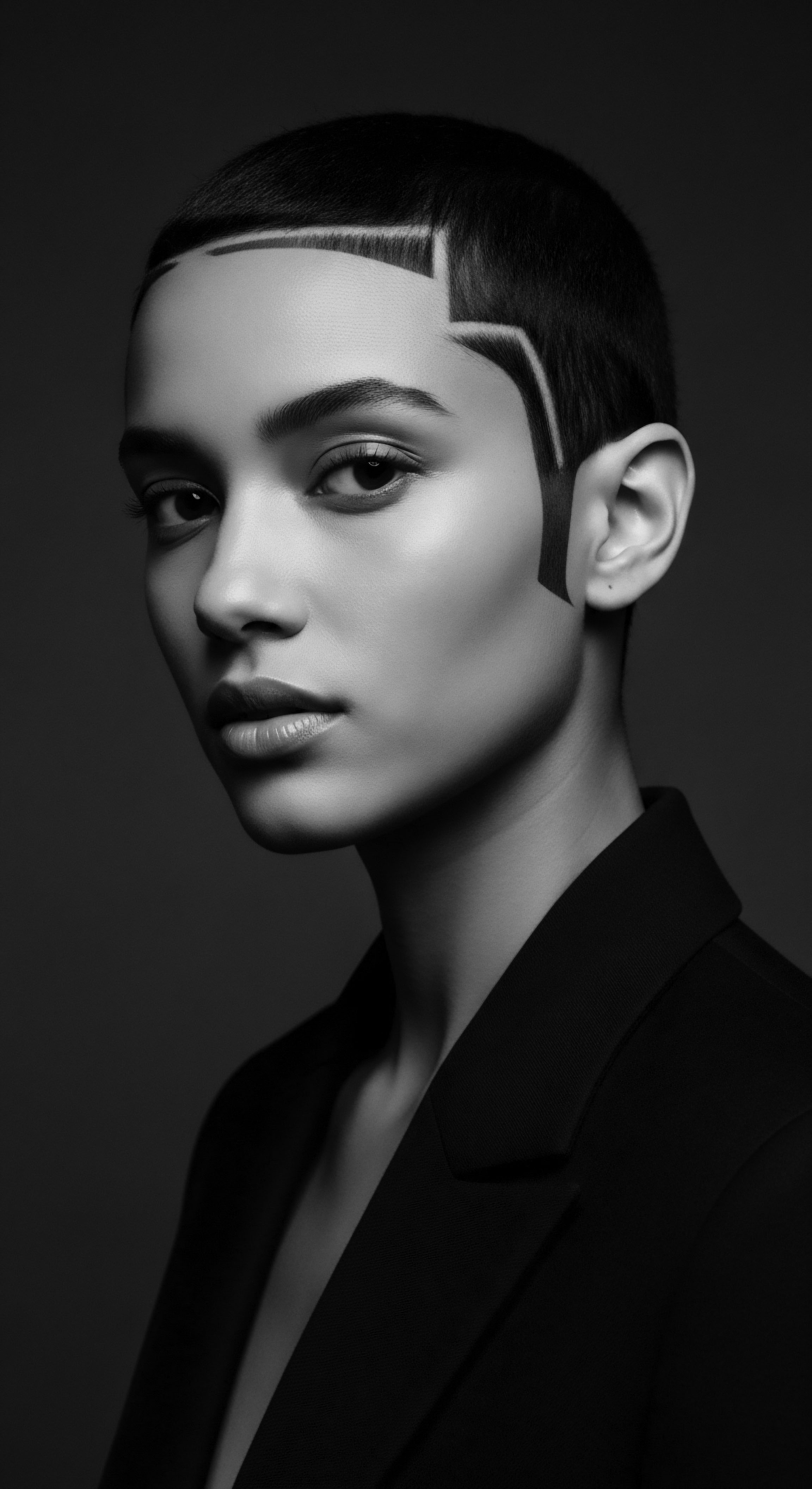 Monochrome Portrait of Model with Bold Hair Design in Shadow Play This portrait encapsulates edgy modern aesthetics in textured hair art, with a clean palette drawing focus on bold design. The monochrome intensifies sculptural shapes, celebrating both innovation and the power of self-expression through unique aesthetic design.