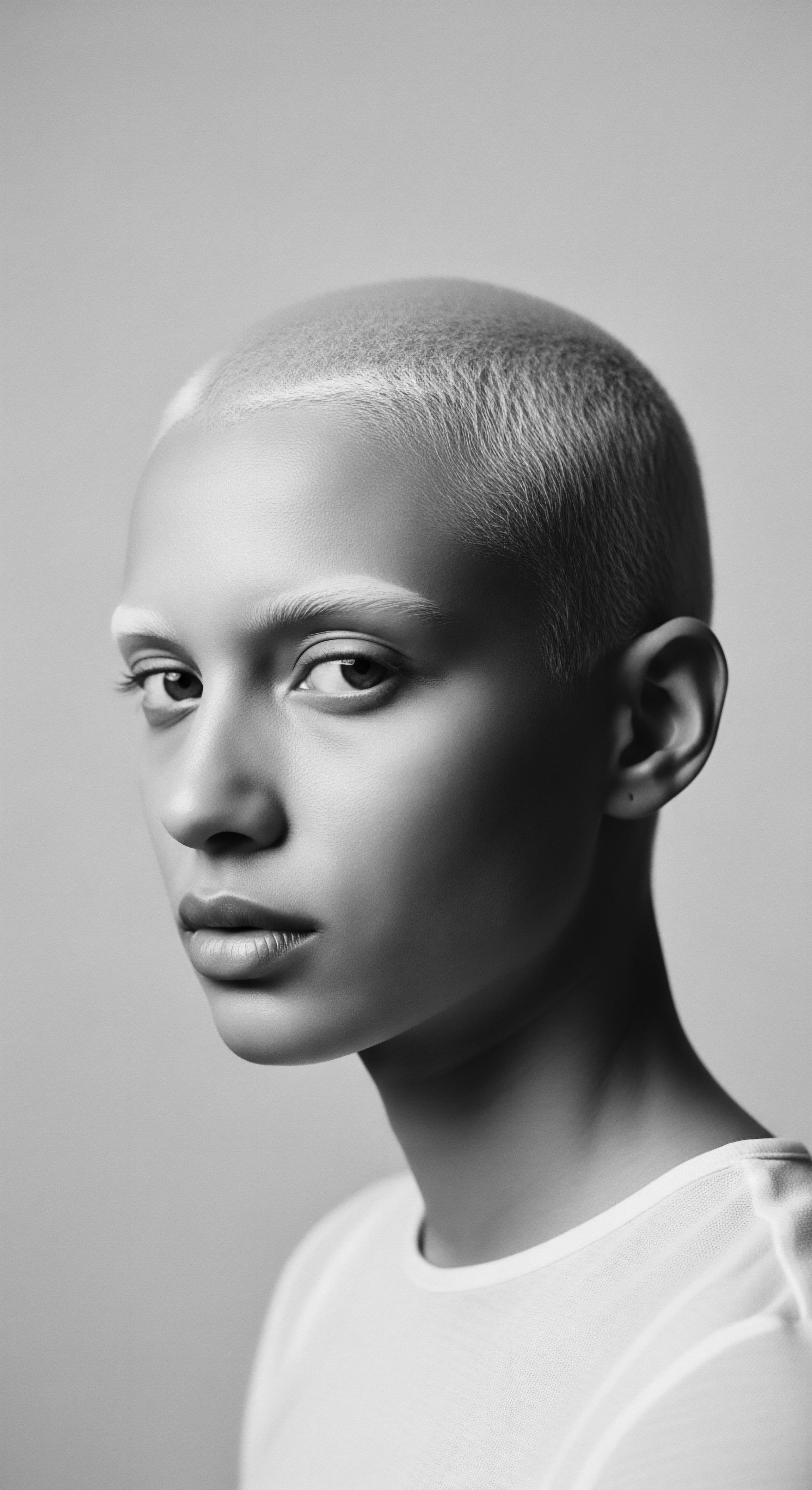 Monochrome Portrait Of Short Textured Hair With Albinism Characteristics A compelling monochrome portrait captures a young subject’s distinct features, featuring close-cropped hair. This intimate study in black and white, focusing on subtle textures and contrasts, invites viewers to reflect on themes of beauty, identity, and self-expression through the lens of a stark monochromatic aesthetic.