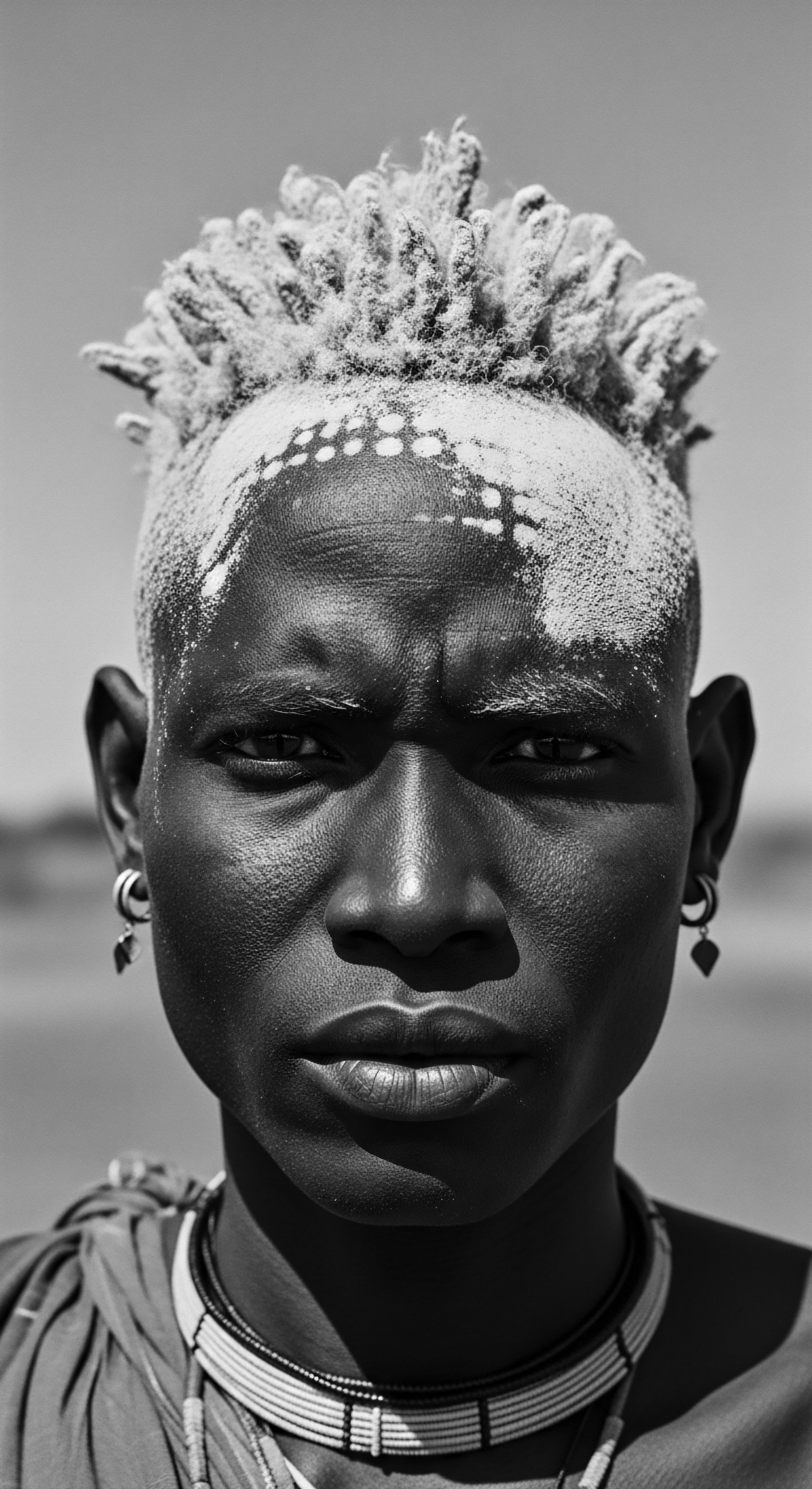 Monochrome Portrait of Striking African Man Adorned with Ceremonial Hair Art The striking monochrome portrait emphasizes the subject's textured hair art, evoking a sense of ancestral pride and cultural continuity. Clay markings symbolize ritual practice, while the man's solemn expression invites contemplation on the profound connection between heritage, identity, and adornment.