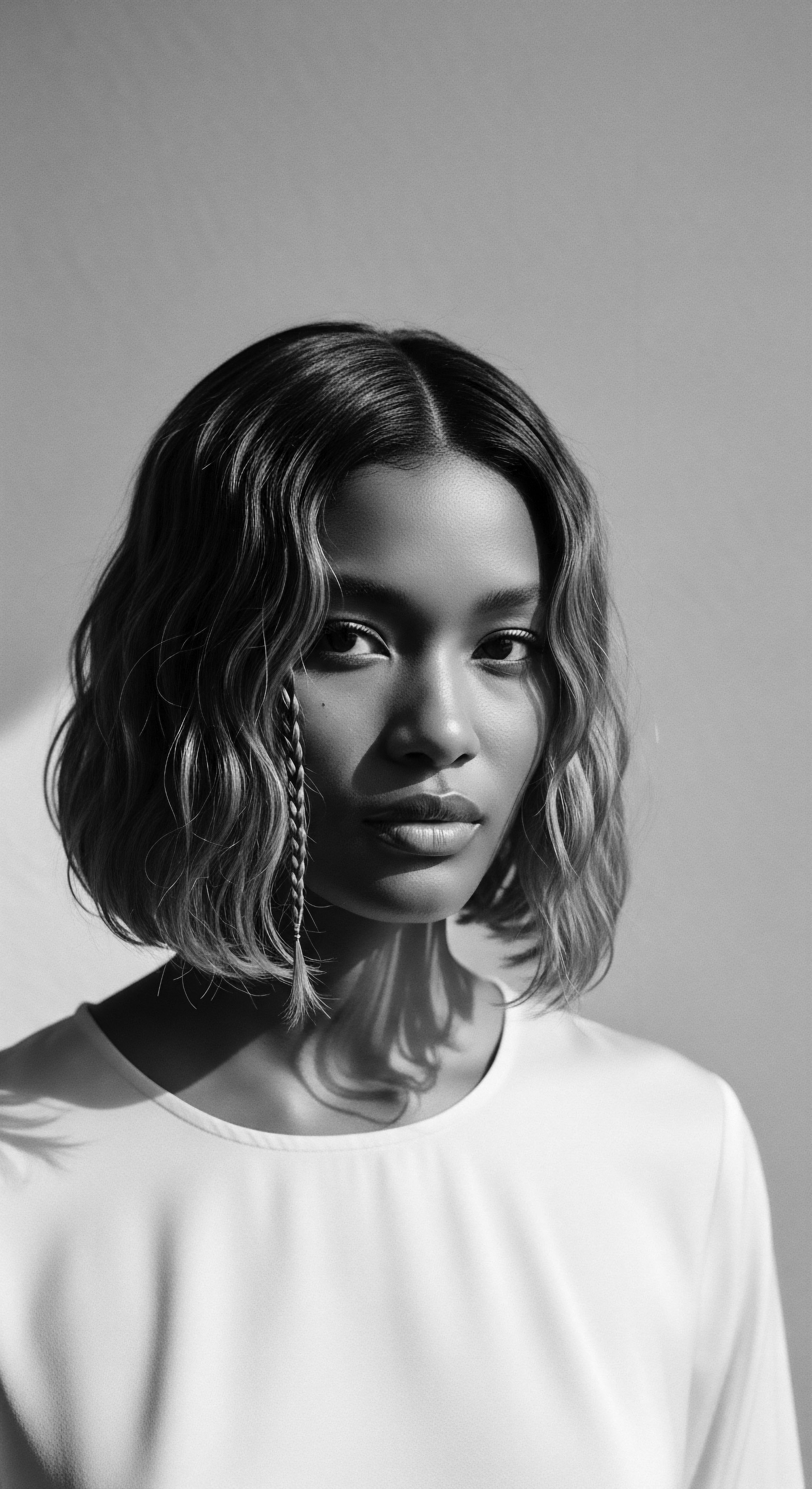A close up monochromatic portrait captures a woman with a wavy bob, the style accentuated by a single micro braid near her face. The high contrast highlights the depth and texture, conveying natural hair wellness and a nod to intricate styling techniques rooted in heritage. Shadows subtly sculpt her features.