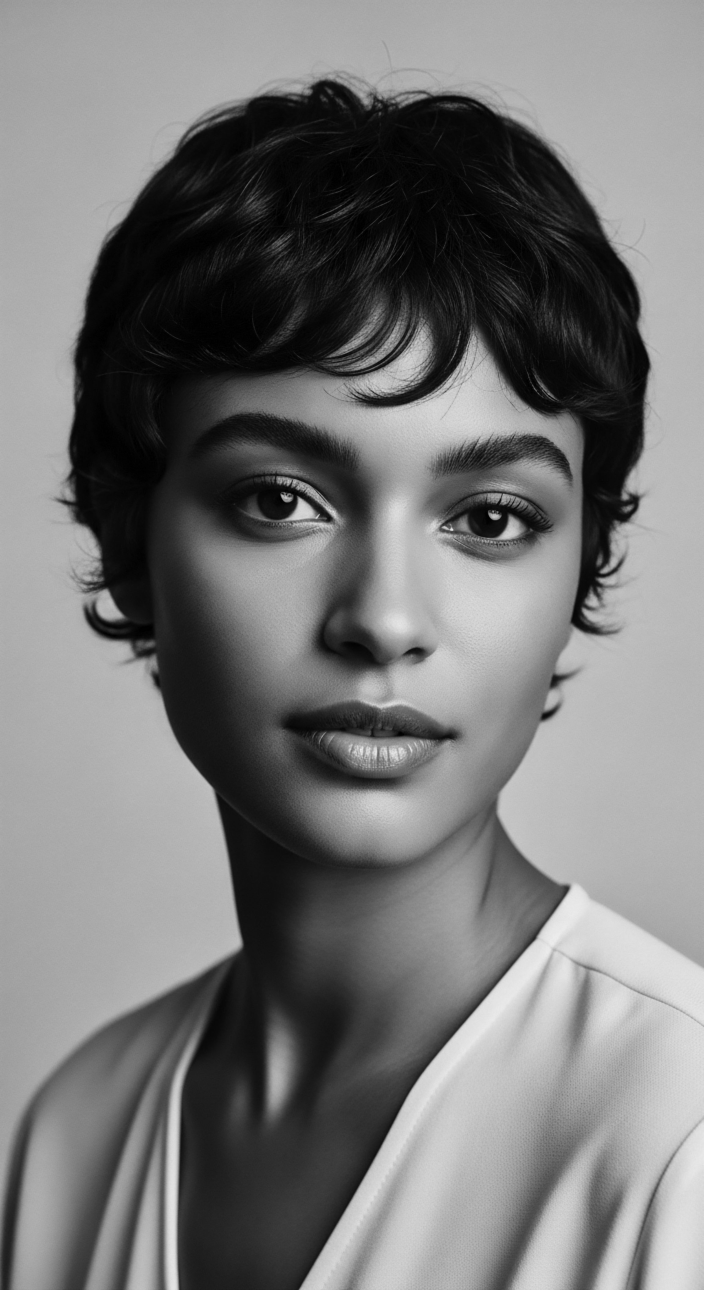 This monochrome portrait highlights the elegance of short, textured hair. The soft, diffused lighting emphasizes the interplay of light and shadow across her face, celebrating the beauty and complexity of unique hair patterns and the timeless appeal of a heritage-inspired aesthetic.