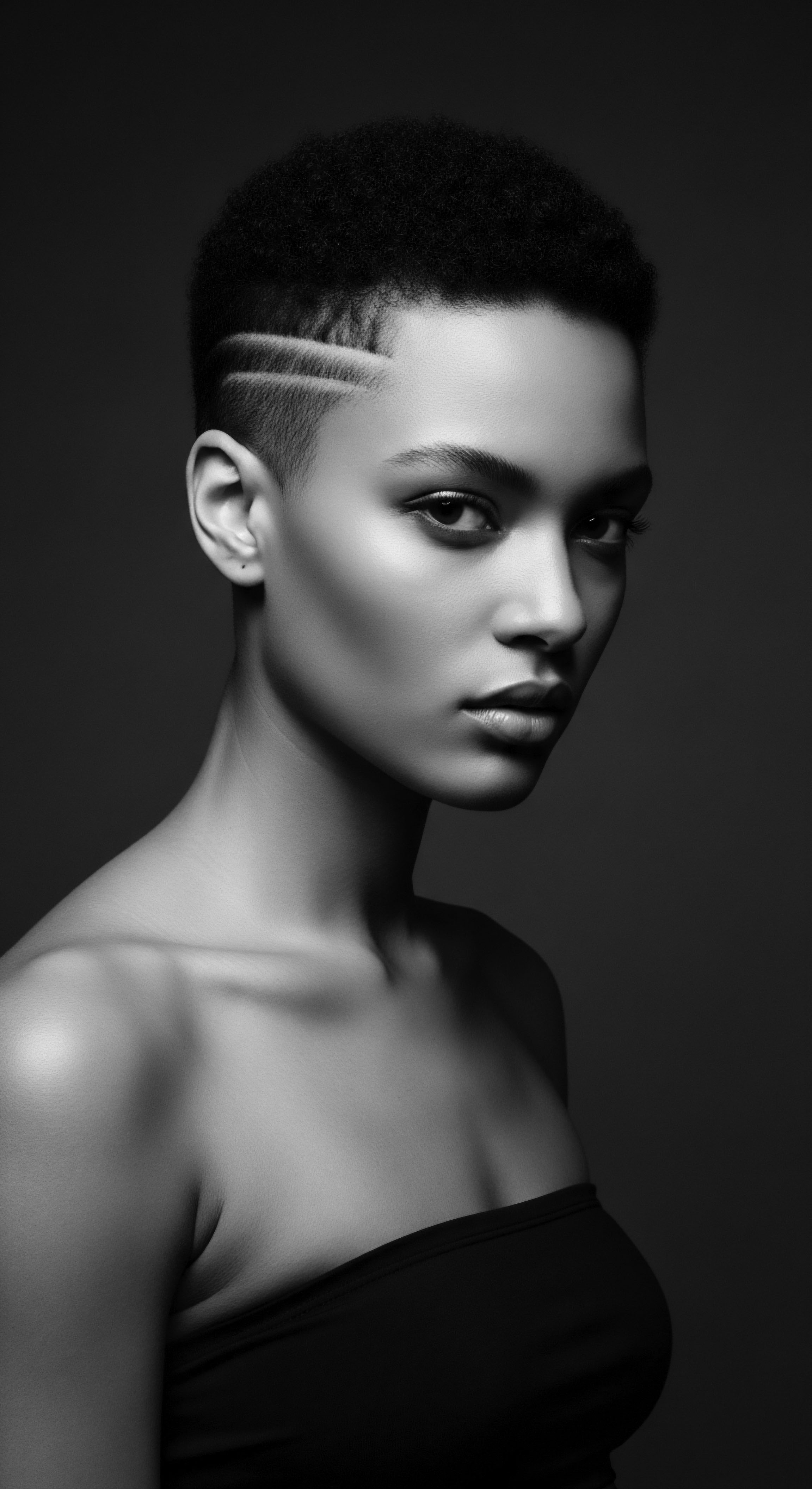 Monochrome Portrait of Woman Featuring Tapered Afro Hairstyle with Etched Design This monochrome portrait presents a refined aesthetic statement through expertly tailored afro hair, accentuated by precisely etched designs, radiating self-assuredness. Light and dark play to emphasize sculptural qualities this imagery speaks volumes about personal expression within textured hair traditions.