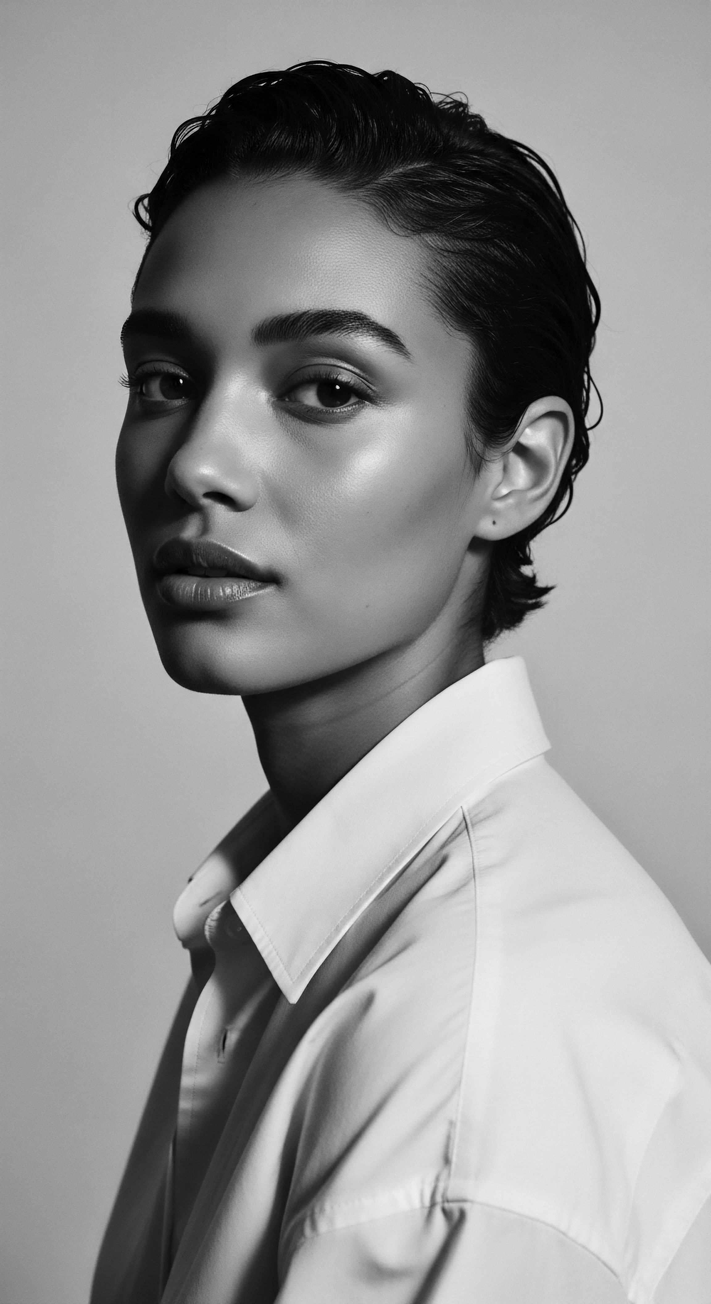 Monochrome Portrait of Woman Showcasing Sleek Short Textured Hair Style The portrait evokes a sense of timelessness, celebrating the beauty of natural texture and the power of minimalist styling. The precise haircut accentuates the face while emphasizing hair texture, and it speaks to the confident embrace of heritage and identity expressed through style.