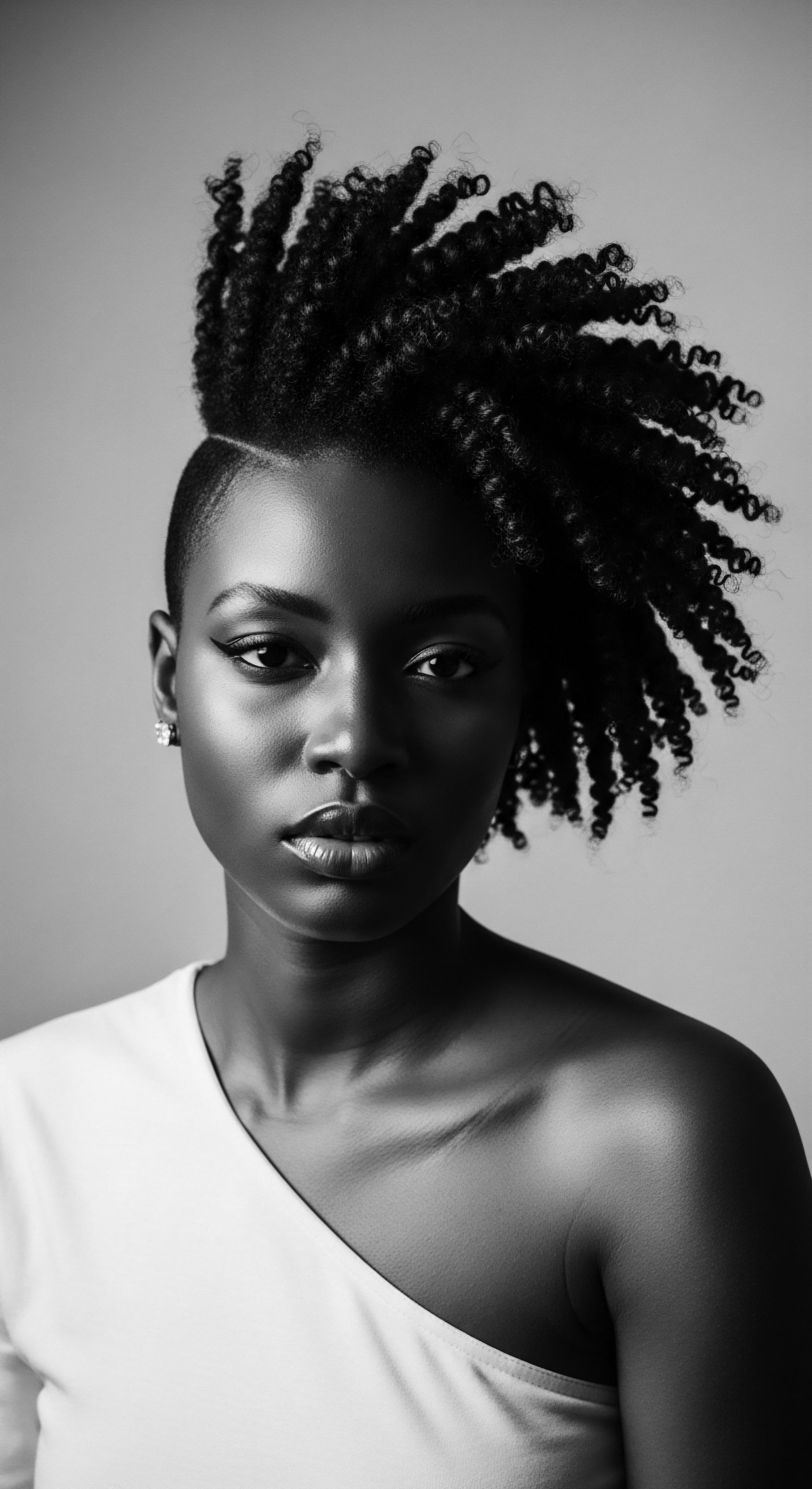 Monochrome Portrait of Woman Showcasing Textured Coils and Bold Hairstyle The portrait captures a powerful statement of identity and self-expression through a contemporary coily hairstyle, merging bold grooming choices with sophisticated elegance. The interplay of light and shadow enhances the texture and sculpted silhouette, celebrating heritage, strength, and natural beauty.