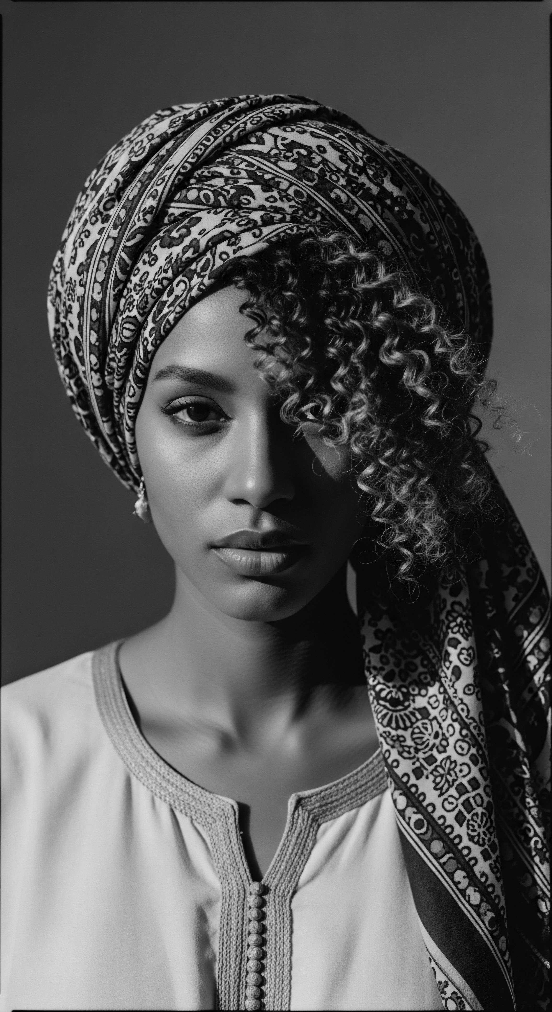 The image celebrates cultural heritage by highlighting a striking woman whose textured hair is framed by an elaborate headwrap, creating a composition of poise. It subtly speaks to the importance of self-expression, tradition, and holistic beauty standards, and evokes contemplation about identity and ancestral connection.