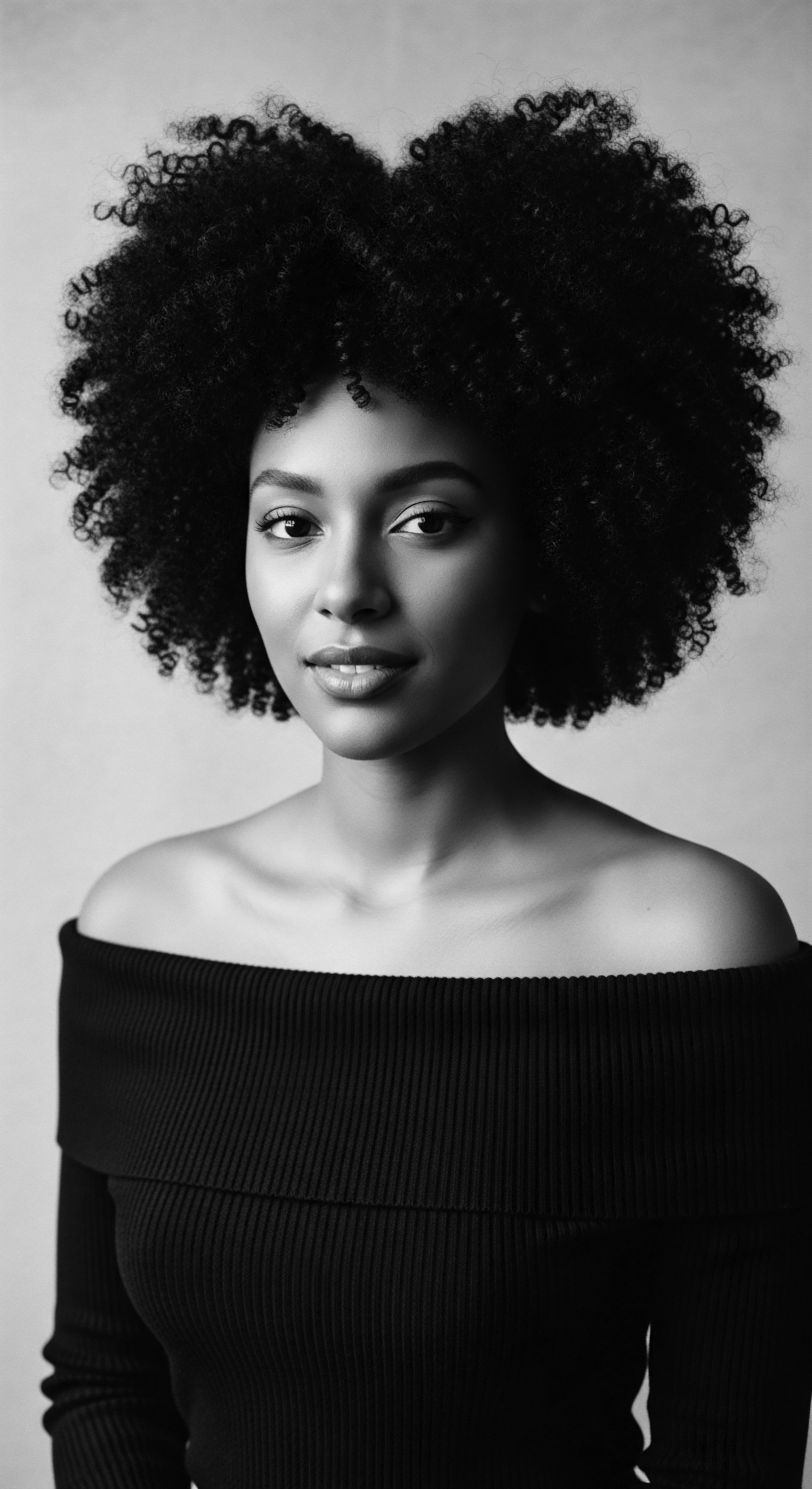 Monochrome Portrait of Woman with Afro: Textured Hair and Timeless Elegance The monochromatic palette emphasizes the inherent texture of the woman's coiled afro, connecting modern expression with ancestral hair traditions. Her confident gaze, framed by this halo of resilient texture, symbolizes the enduring strength, beauty and spirit of heritage interwoven with the ongoing narrative of textured hair.