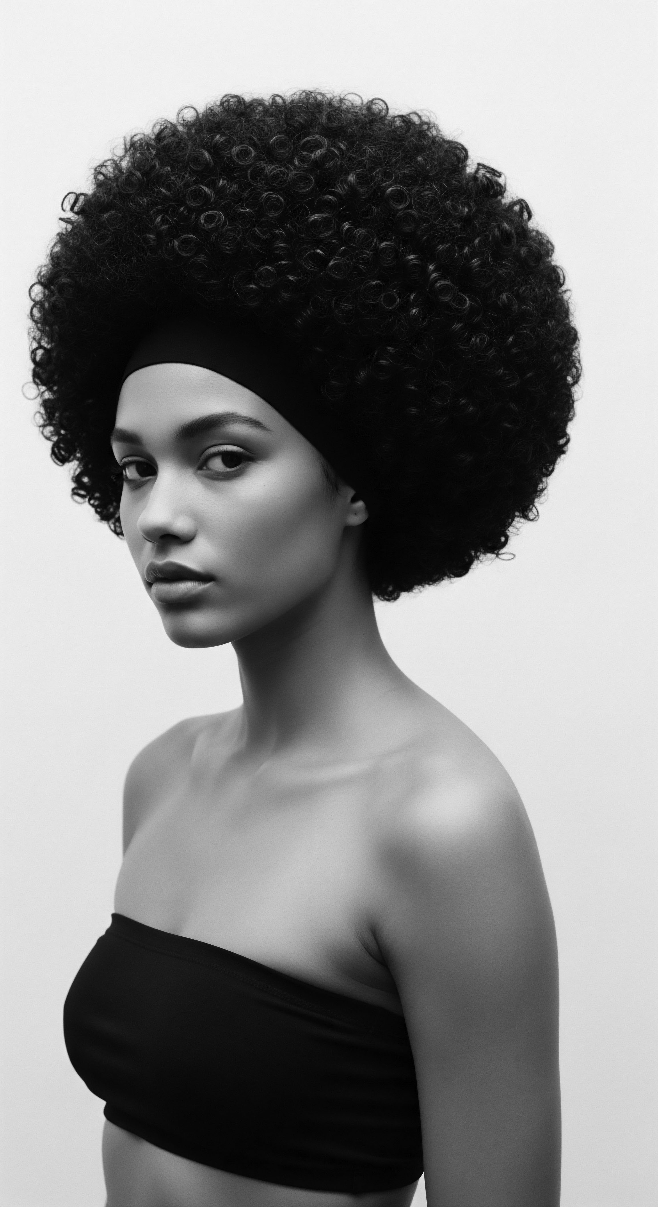 Monochrome Portrait of Woman with Afro Wearing Headband and Strapless Top A timeless monochrome portrait evokes strength and grace, celebrating the beauty of naturally textured hair, and the heritage and wellness within ancestral styles. The headband subtly accents the afro's shape, highlighting the unique undulation while honoring the expressive styling within Black hair traditions.