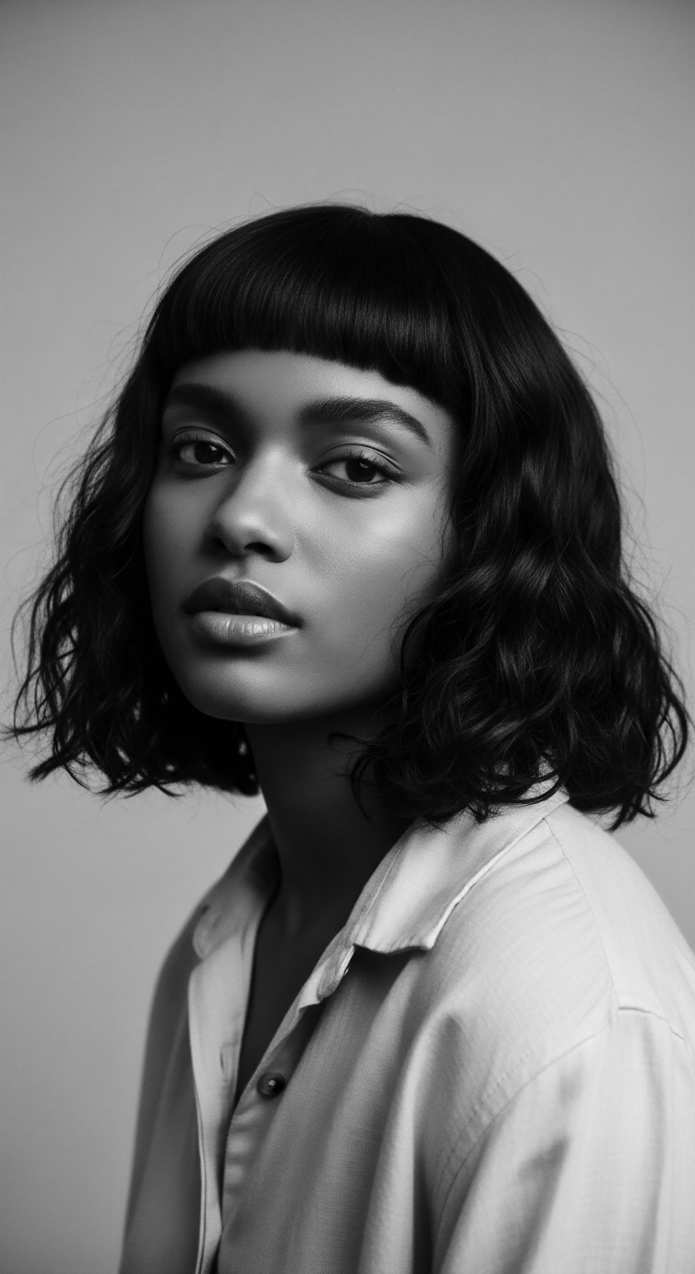The monochrome portrait radiates a timeless elegance, accentuating the refined waves and bold fringe while evoking notions of ancestral heritage through its simple, striking composition. The visual focus on texture and form underscores the artistry inherent in both the subject and this celebration of textured hair forms.
