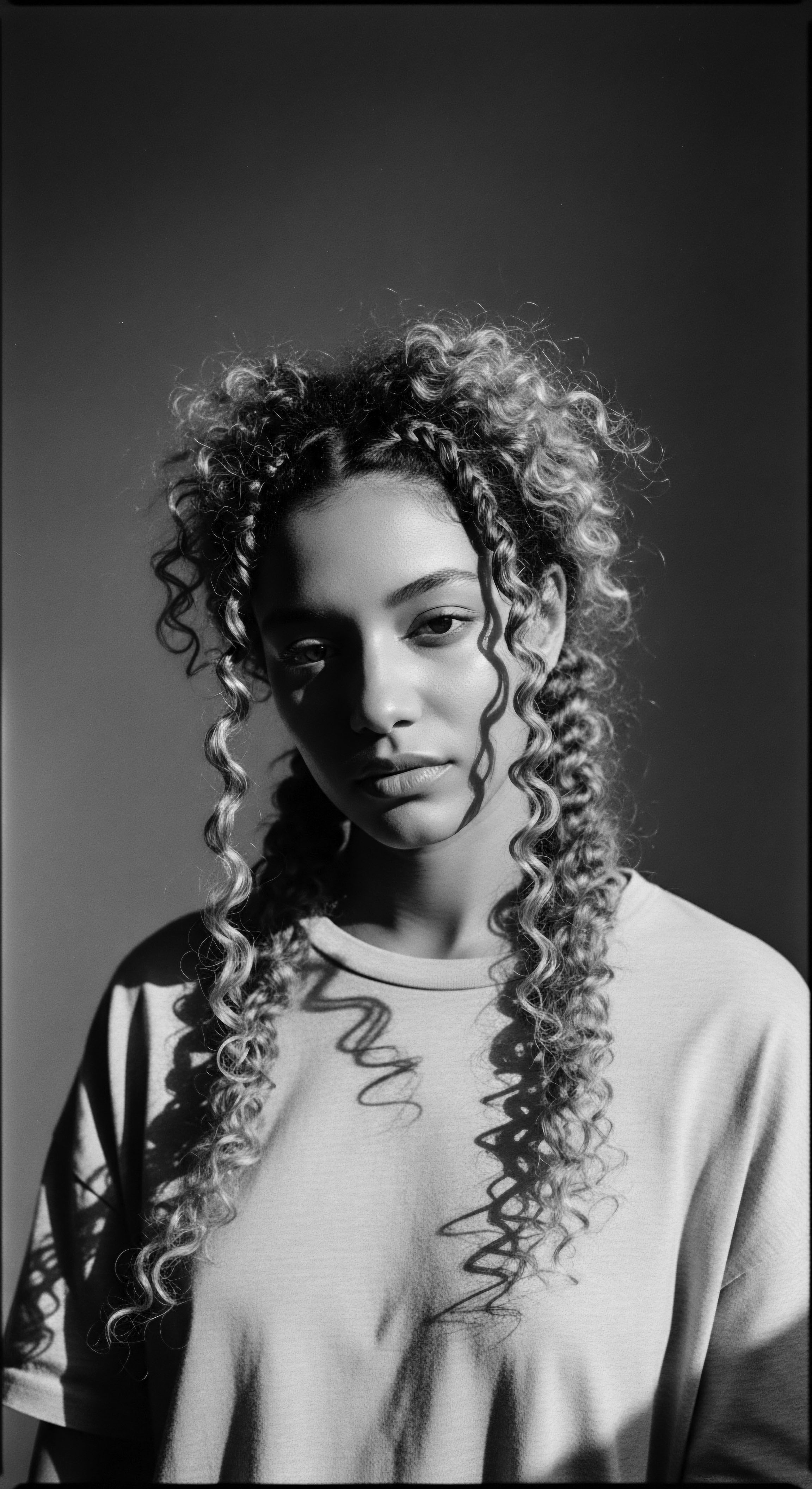 A striking monochrome portrait features a woman with intricate cornrow braids transitioning into free-flowing textured coils. Sunlight creates dramatic shadows across her face and simple crew neck shirt, highlighting the natural wave formation and its cultural significance. The interplay of light and dark evokes ancestral strength and beauty.