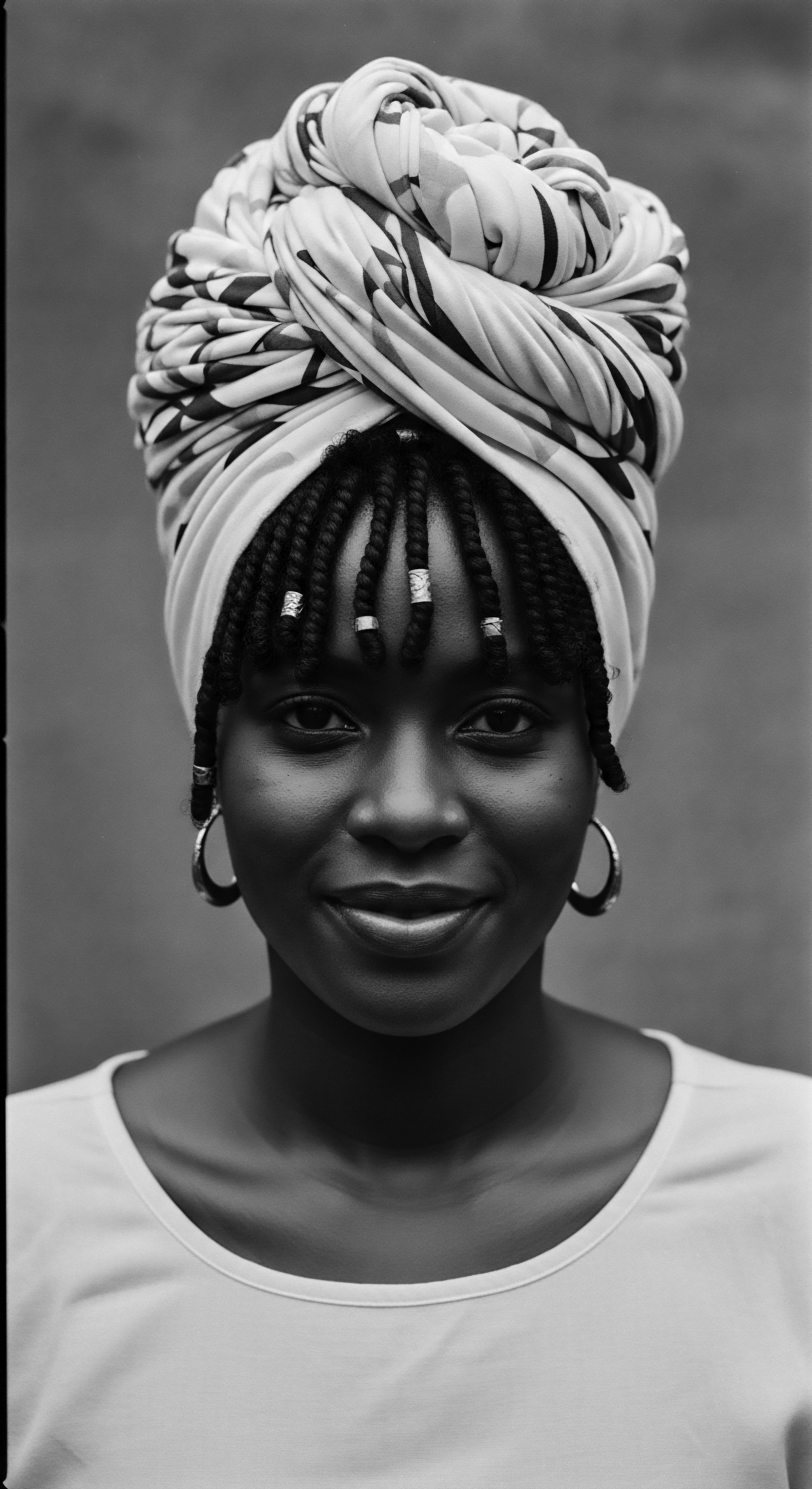 This portrait resonates with self-assured elegance. A symbol of resilience, protective styling in the form of braided hair and head wraps, speaks to ancestral heritage and holistic hair care while honoring cultural identity. The image evokes a sense of heritage.
