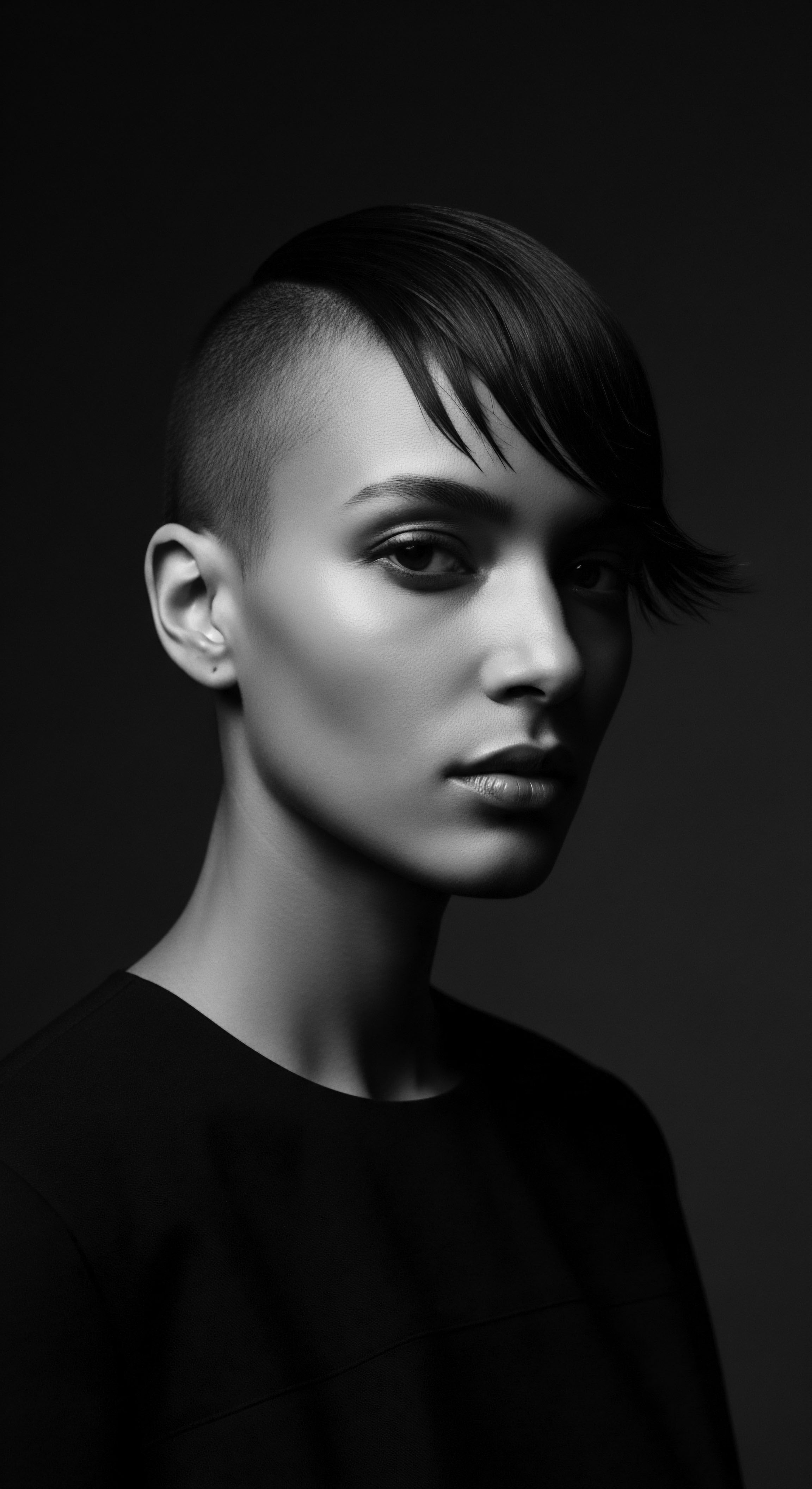 The captivating black and white portrait highlights an innovative short hairstyle, emphasizing both the strong lines of the cut and the softness of the model's features. This image evokes a sense of modern sophistication and celebrates individuality through striking aesthetic choices.