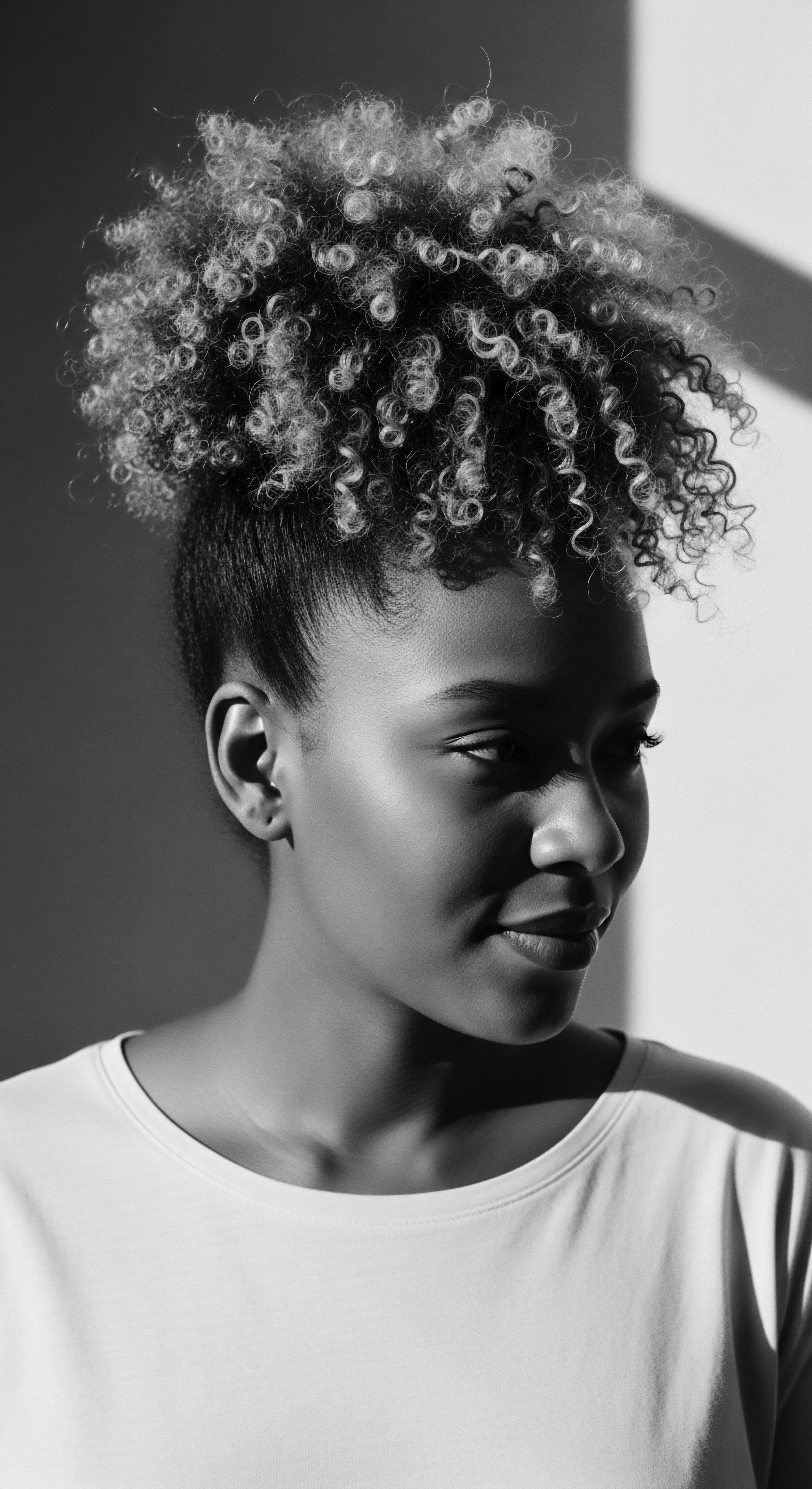 Monochrome Portrait of Woman with Coiled Hair and Radiant Skin Bathed in contrasting light, the subject's coiled textured hair is a testament to the artistry in styling African diasporic hair, reflecting a heritage deeply connected to self-expression and ancestral pride through deliberate hair care practices celebrating textured beauty and inherent formations.