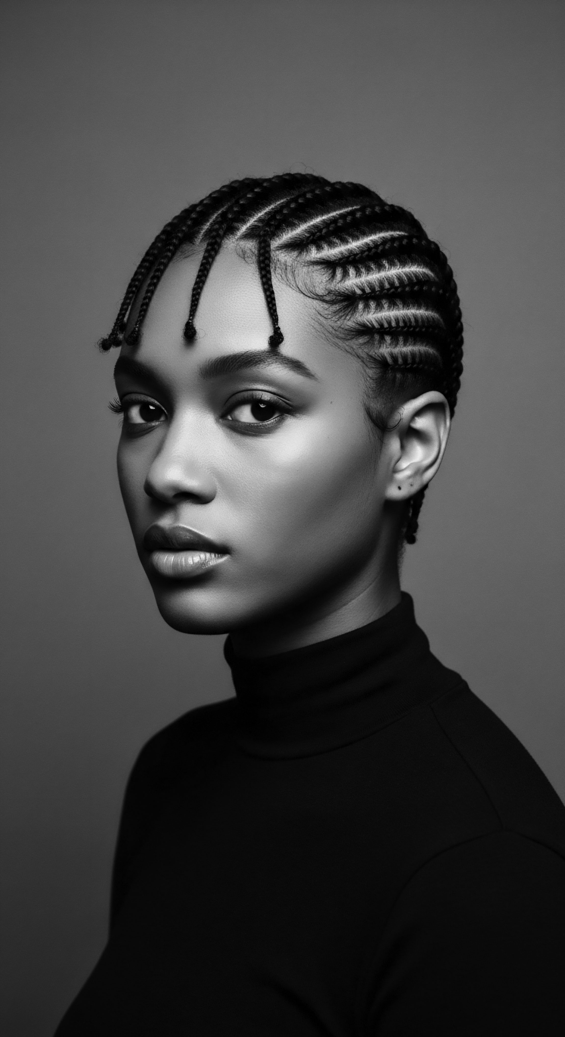 Monochrome Portrait of Woman with Cornrows and Natural Hair Texture This monochrome portrait celebrates the artistry of cornrow braiding, a protective style rooted in black hair traditions. Its expert execution showcases a blend of heritage and contemporary design, underscoring beauty, sleek precision, and the seamless fusion of aesthetic expression with hair wellness.