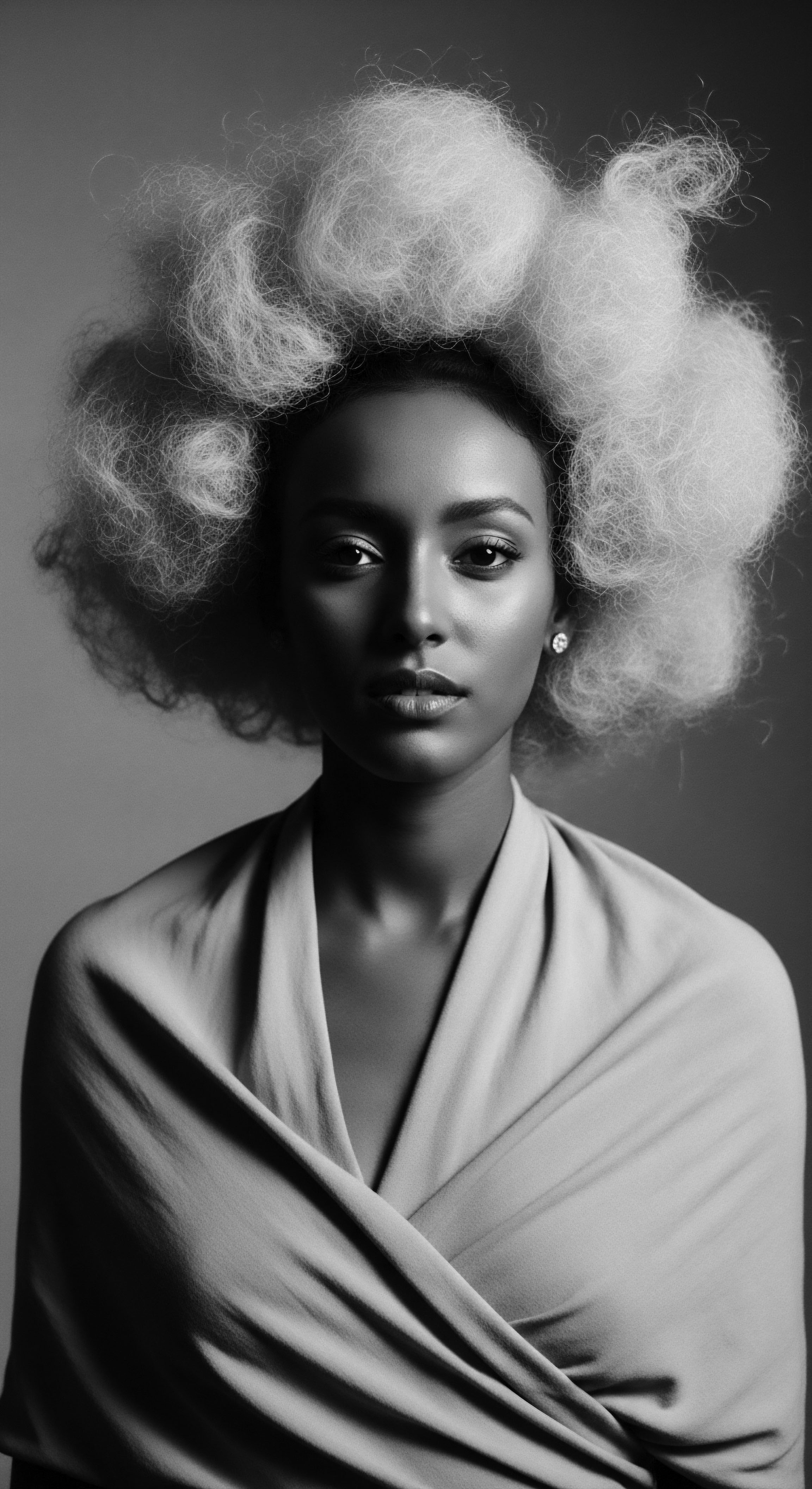 Monochrome Portrait of Woman with Elaborate Textured Afro Hairstyle and Shawl This monochrome portrait highlights the beauty of textured hair, its helical formation rendered in striking detail. The woman's expression radiates confidence and ancestral pride. Soft light and thoughtful composition invite contemplation on identity, beauty standards, and holistic hair care practices.