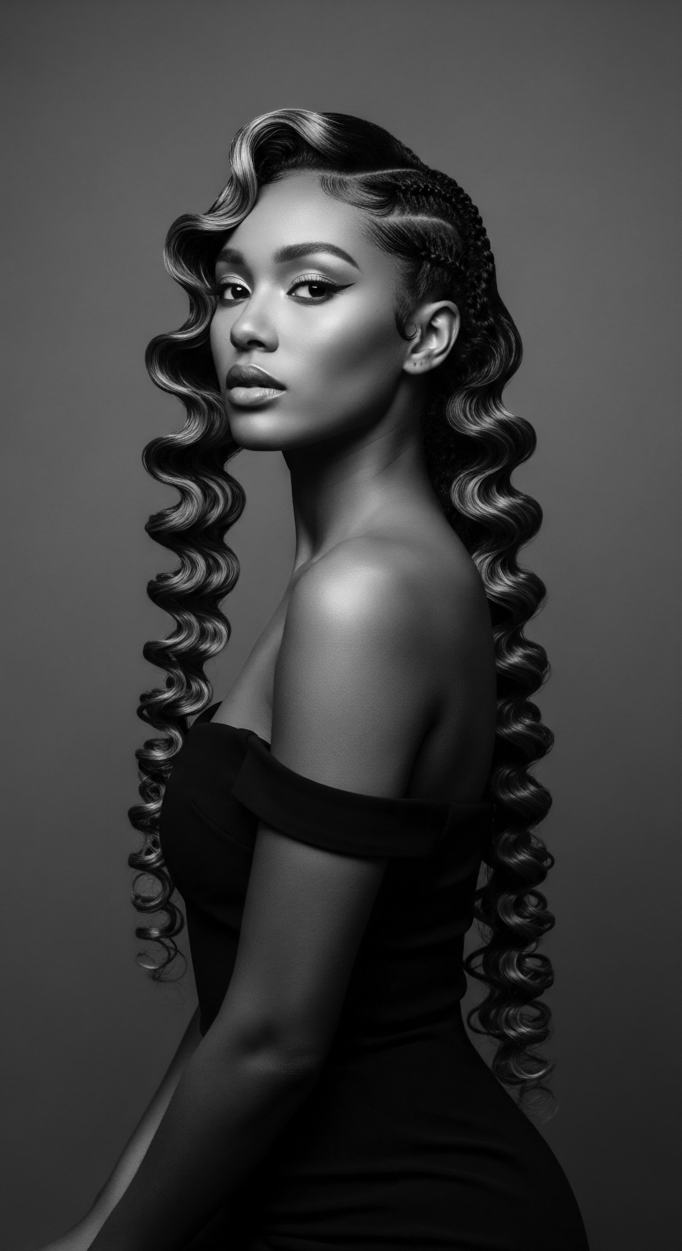 This elegant monochrome portrait captures the beauty of textured hair formations, showcasing an artful blend of flowing waves and intricate braids that celebrate Black hair traditions. The image evokes a sense of heritage and ancestral connection through expressive styling.