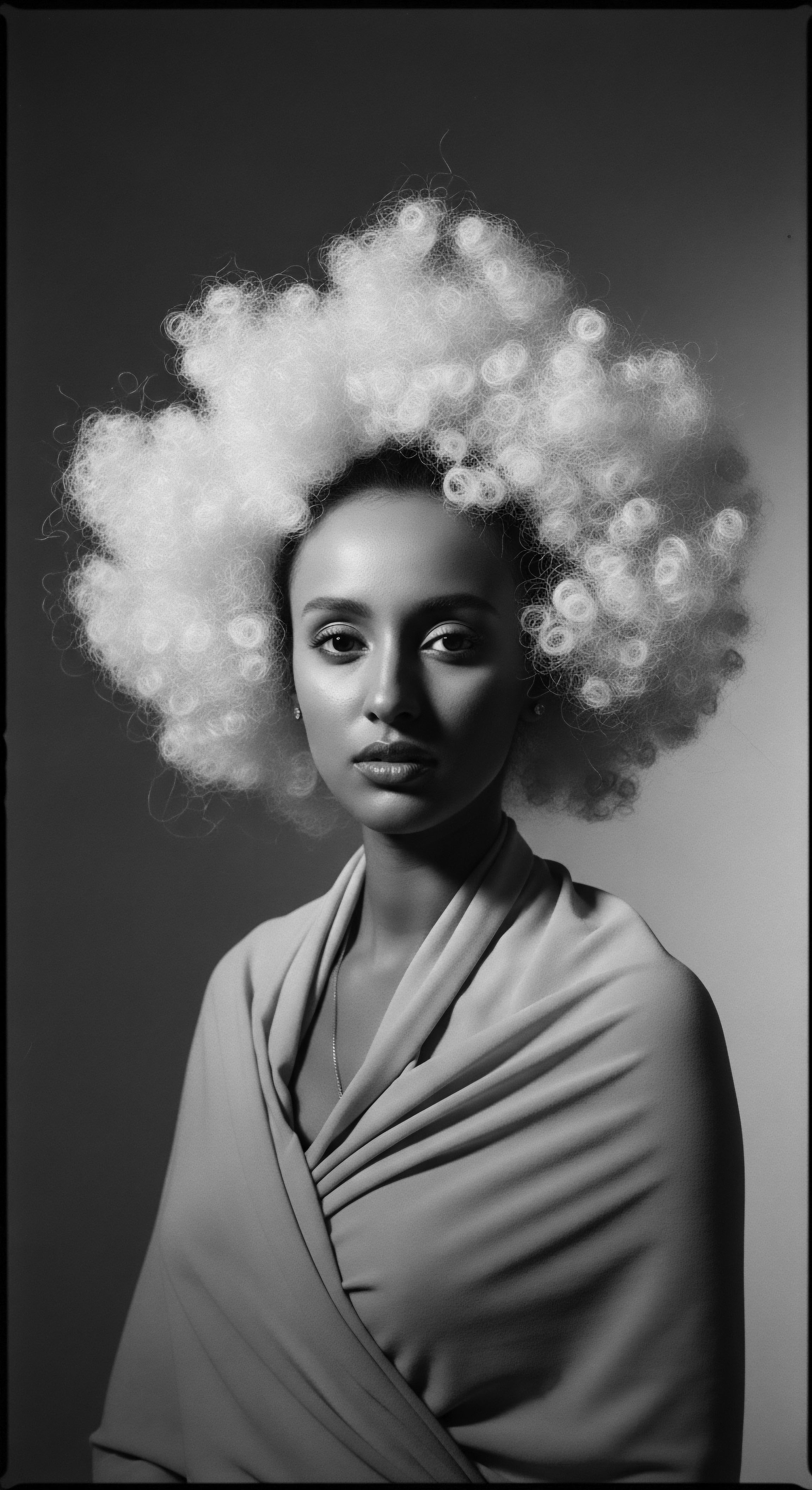 Monochrome Portrait of Woman with Expansive Coiled Textured Hair Sculpture This sophisticated monochrome portrayal captures the essence of heritage through artful coiled hair styling, a reflection of ancestral connections and the empowerment of self-expression. The luminous contrast and carefully constructed composition celebrate the timeless beauty of textured hair and its profound cultural significance.