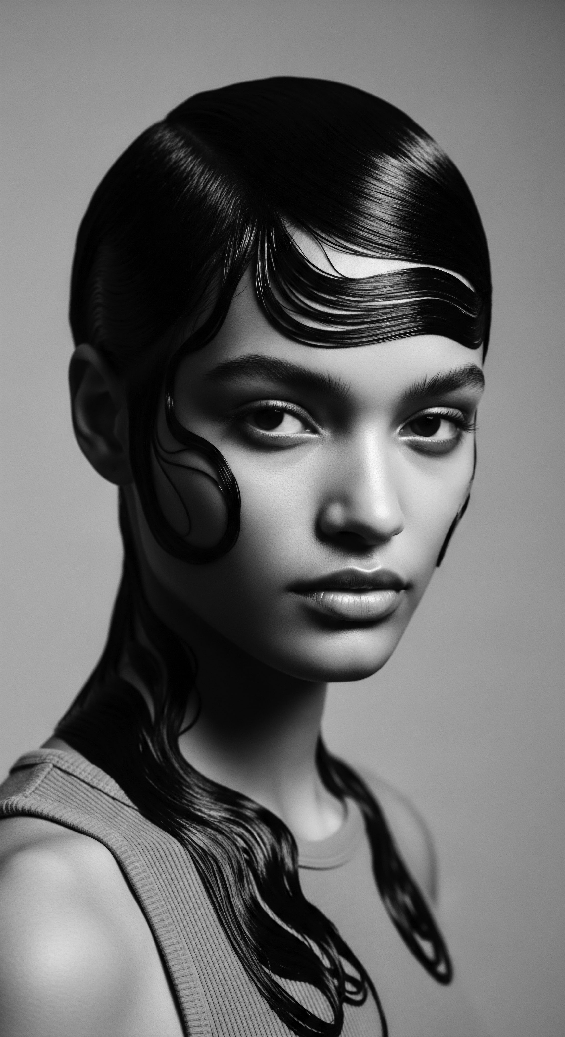 Monochrome Portrait of Woman with Exquisite Finger Wave Hairstyle Detail The monochrome portrait captures the beauty of refined hair styling, presenting a woman whose sleek finger wave hairstyle speaks volumes about the rich history and artistry woven into textured hair care and presentation. The high contrast image radiates sophisticated heritage.