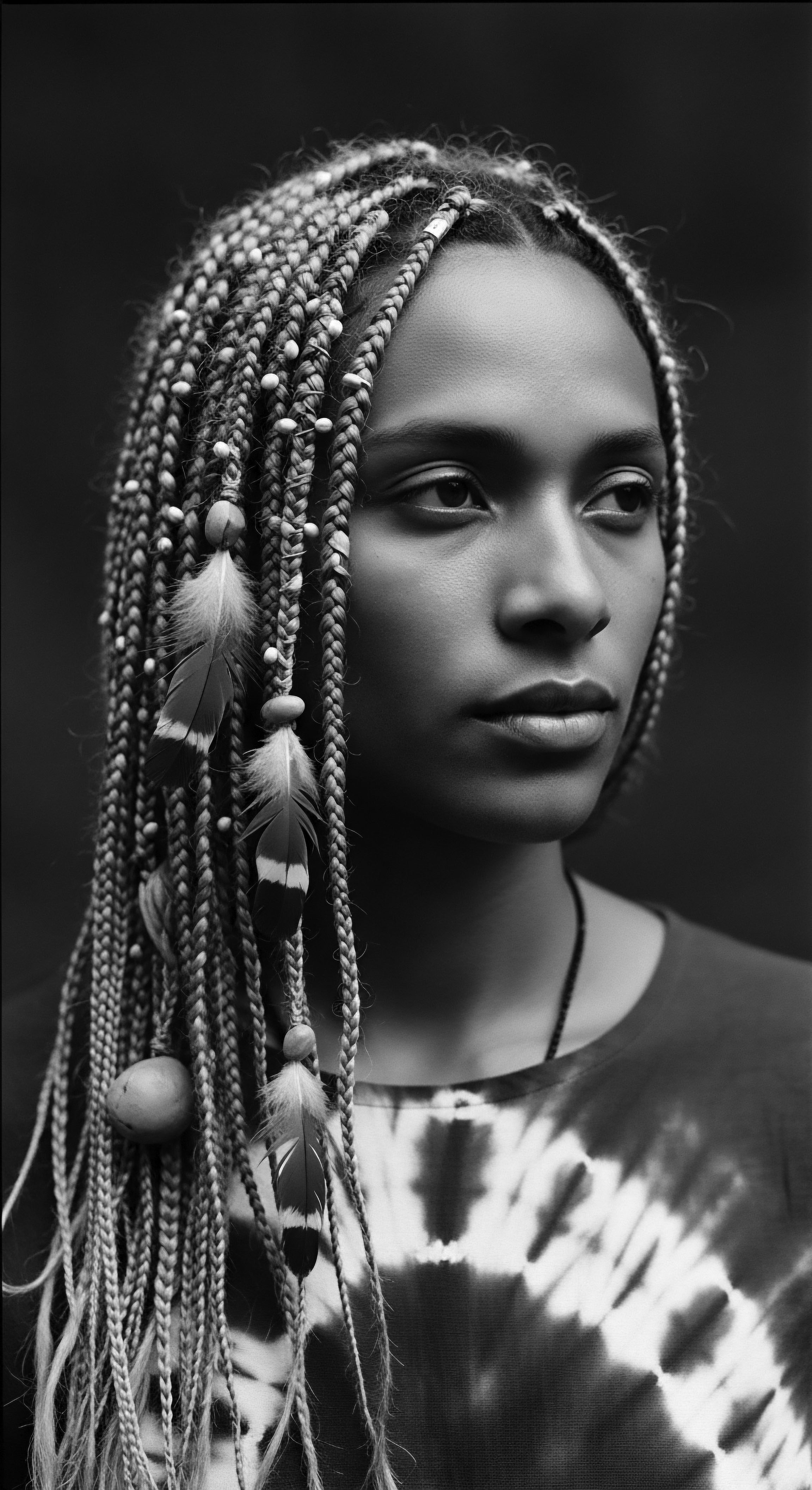 Monochrome Portrait of Woman with Intricate Braided Hairstyle and Adornments The striking monochrome image highlights heritage of textured hair expression through beaded and feathered box braids. Her contemplative gaze suggests reflection, while the tie-dye garment complements her braided hairstyle, capturing individuality and beauty in styling practices rooted in holistic expression, ancestral heritage, and mindful self-care.