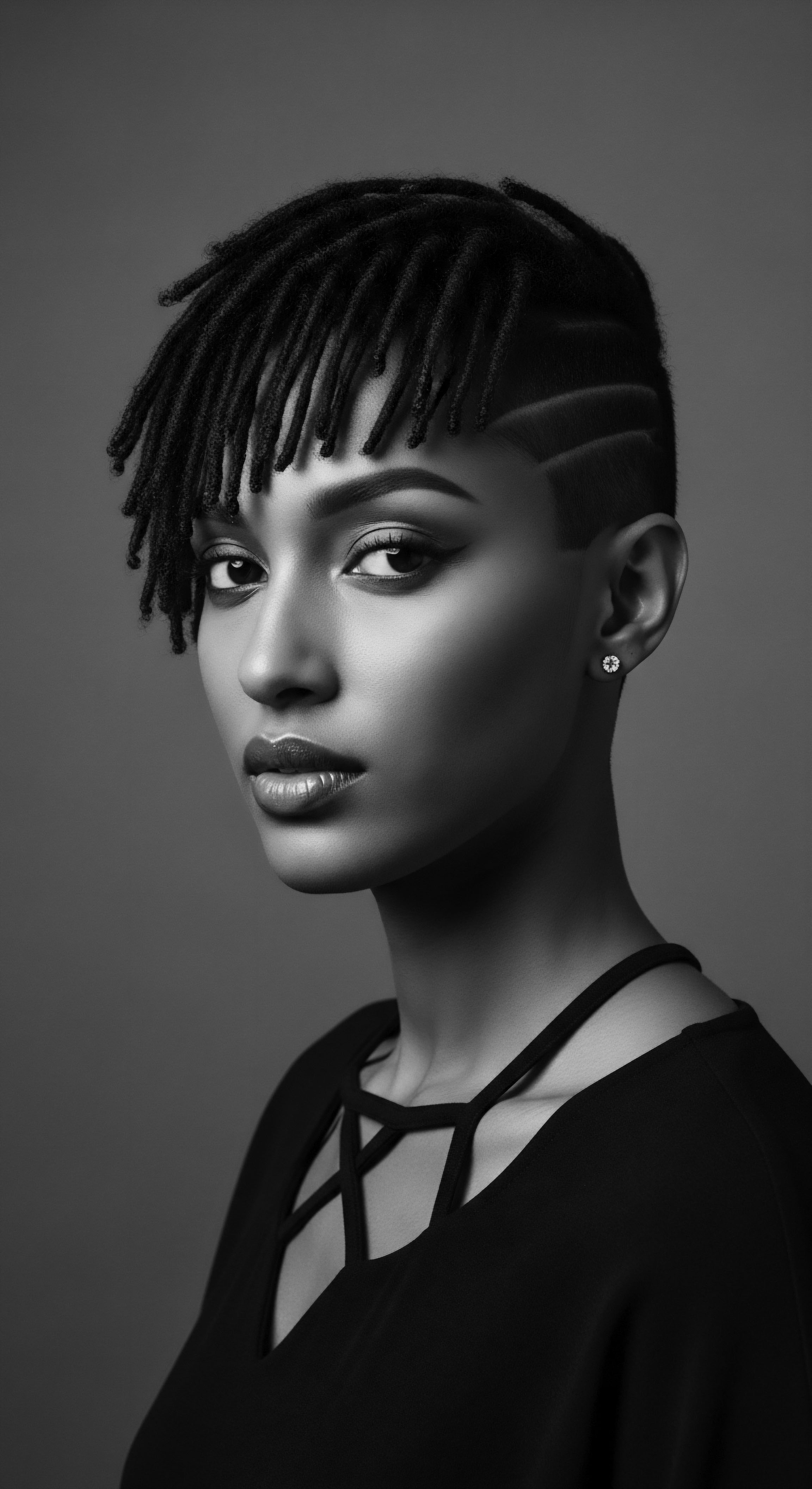 Monochrome Portrait of Woman with Intricate Dreadlocks and Shaved Undercut Design This black and white portrait explores textured hair as a form of identity. The expertly executed dreadlock style and clean undercut showcase both heritage and modern styling. The overall composition emphasizes the beauty, strength, and artistry inherent in Black hair traditions and self-expression.