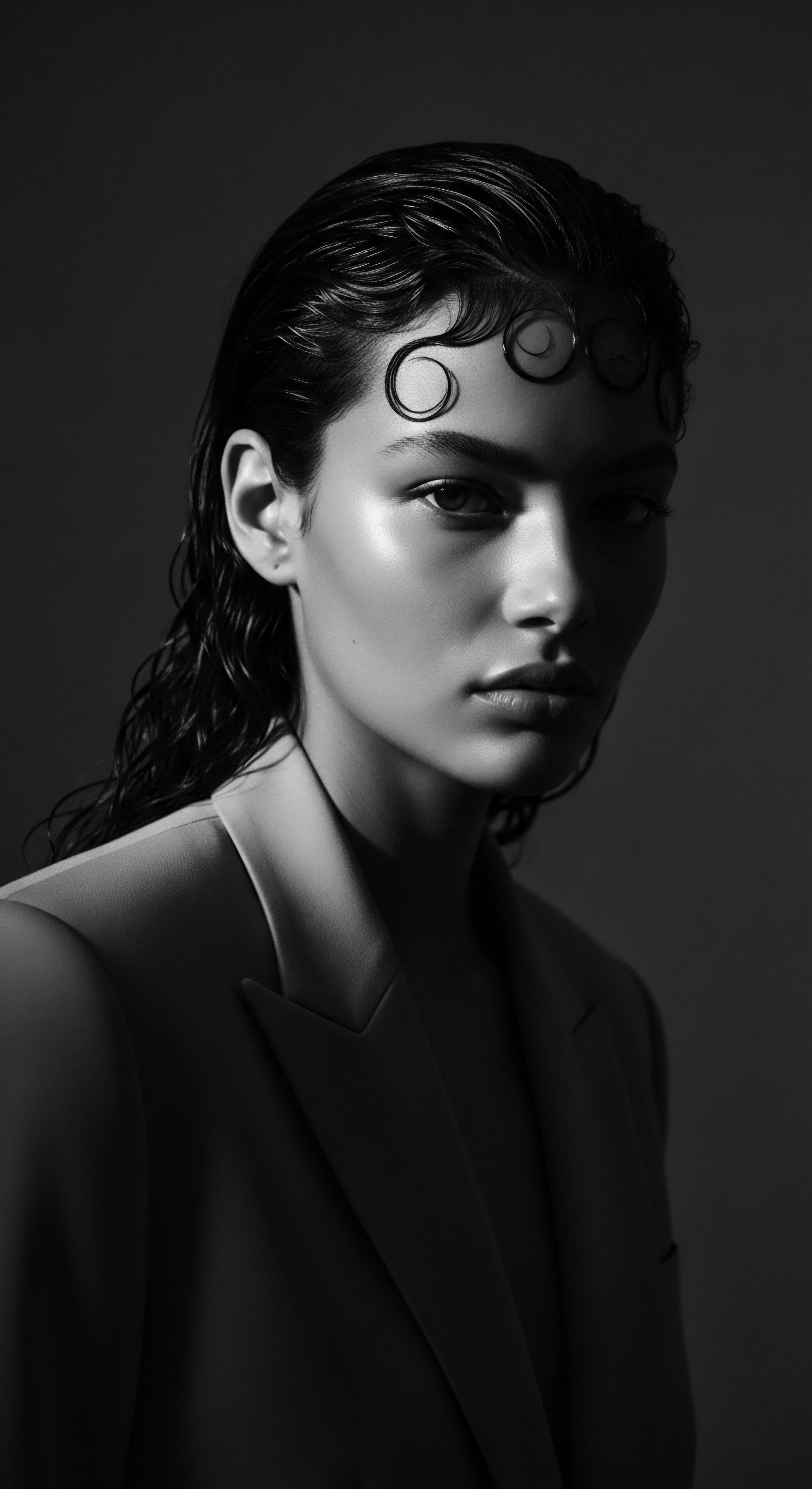 A striking black and white portrait showcases a model with sleek, textured hair carefully styled, accented by circular adornments. Her angular blazer and sophisticated makeup are emphasized by dramatic lighting, illustrating strength and elegant styling within a modern, yet timeless context of personal expression.