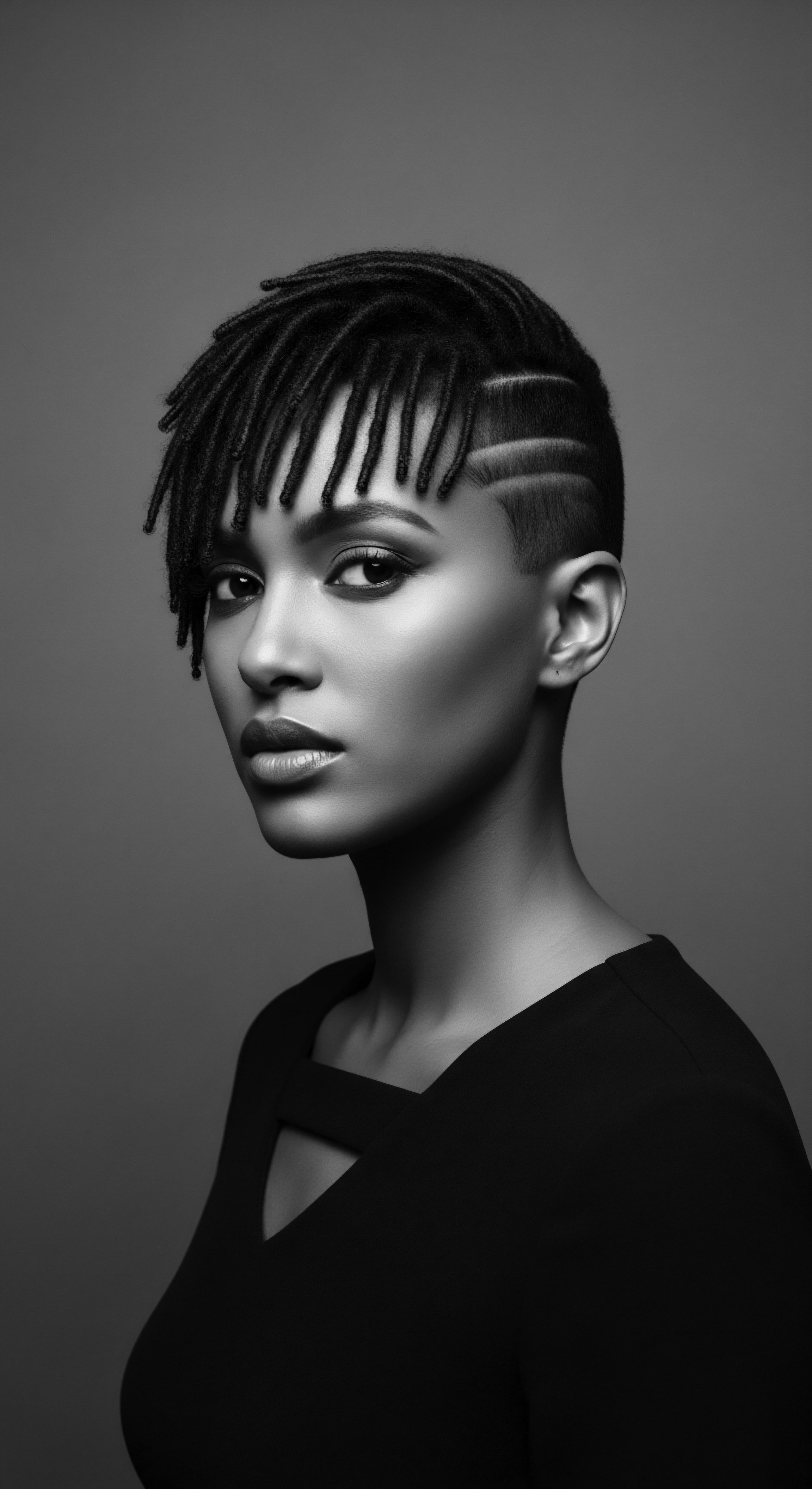 A striking black and white portrait showcases a woman with textured locs cascading across her forehead, contrasted with precisely shaved geometric patterns on her temple. The dramatic lighting accentuates the structure of her bone and the sleek black garment, highlighting beauty and modern style within African diasporic identity and expressive hairstyle.